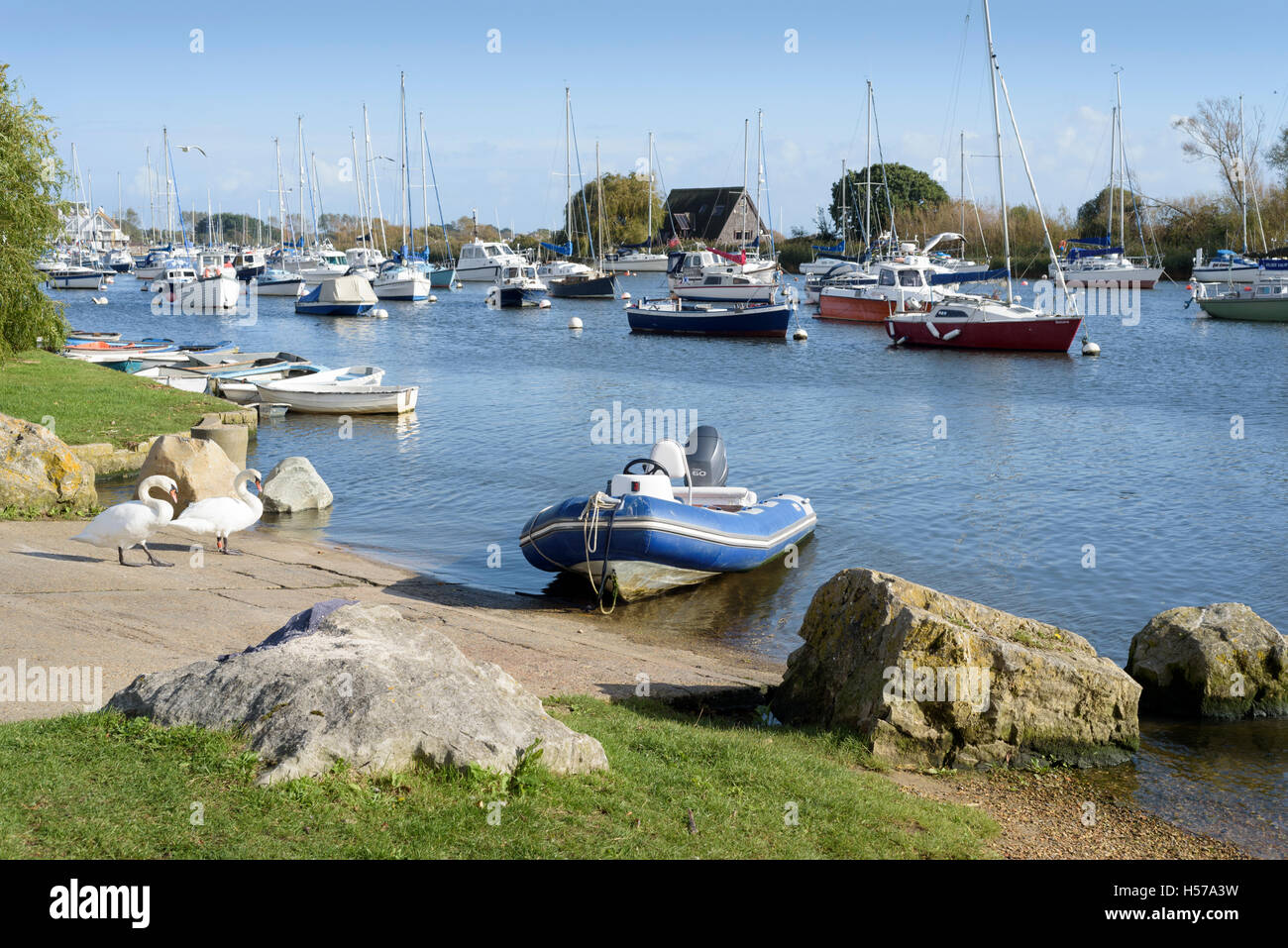 Mayors Mead public slipway on the River Stour, Christchurch, Dorset, England, UK Stock Photo