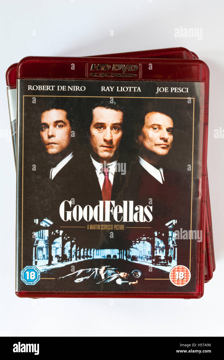 pile of HD DVDs with GoodFellas HD DVD on top isolated on white background Stock Photo