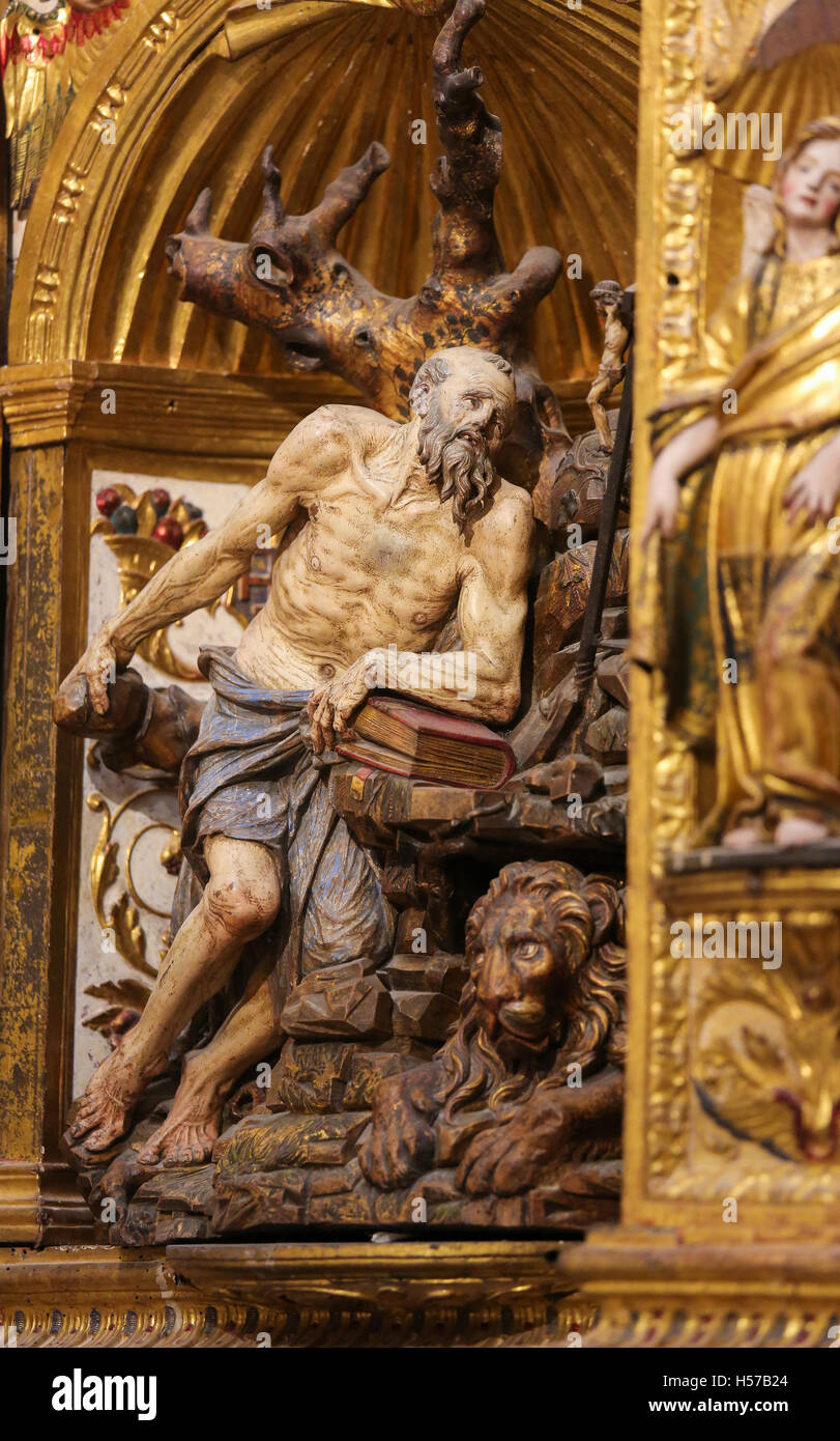 Statue of the Hermit and Christian Saint Hieronymus, known as Saint Jerome; in the Cathedral of Burgos, Castile, Spain. Stock Photo