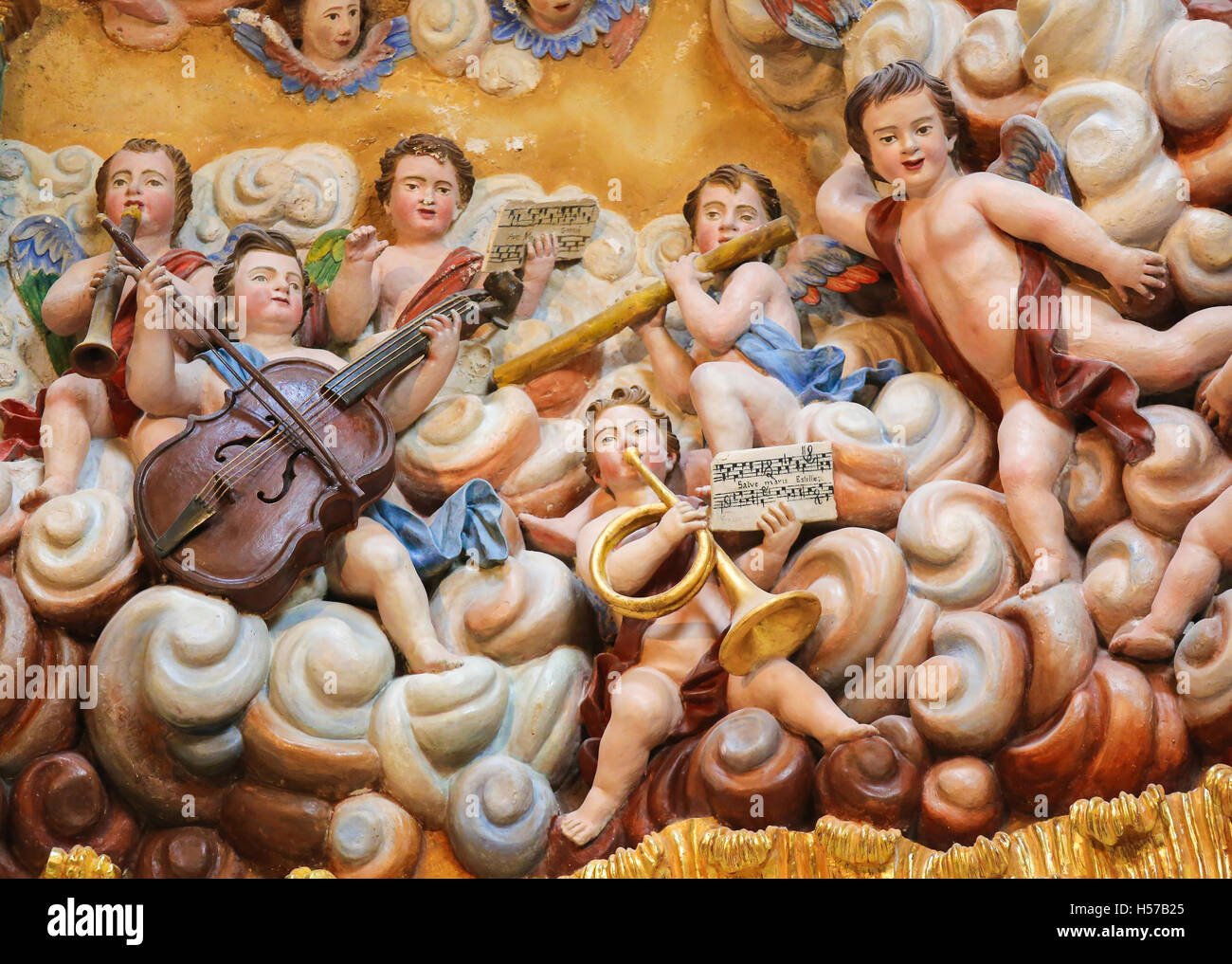 Sculptures of an orchestra of angels in the Cathedral of Burgos, Castile, Spain. Stock Photo