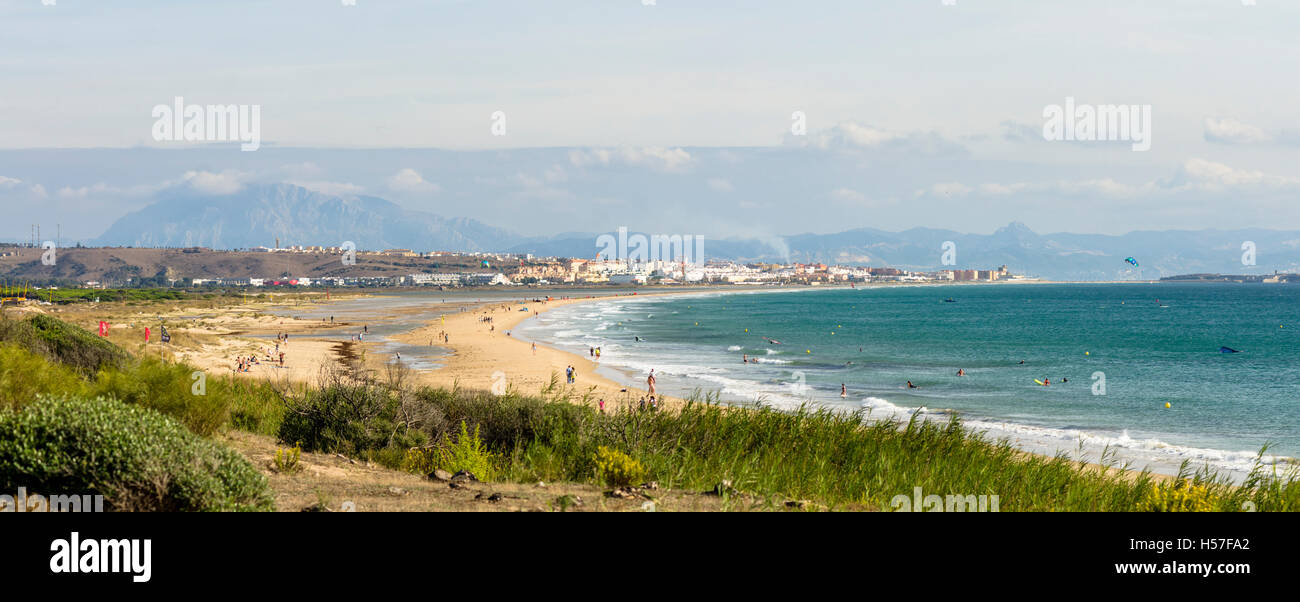 Dunes and beach at Playa de Los Lances, moroccan mountains behind, Costa de la Luz, Tarifa, Spain Stock Photo