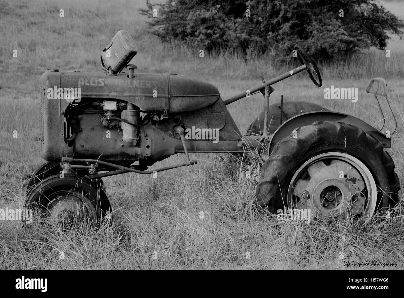 Old Allis-Chalmers Tractor in Black and White Stock Photo