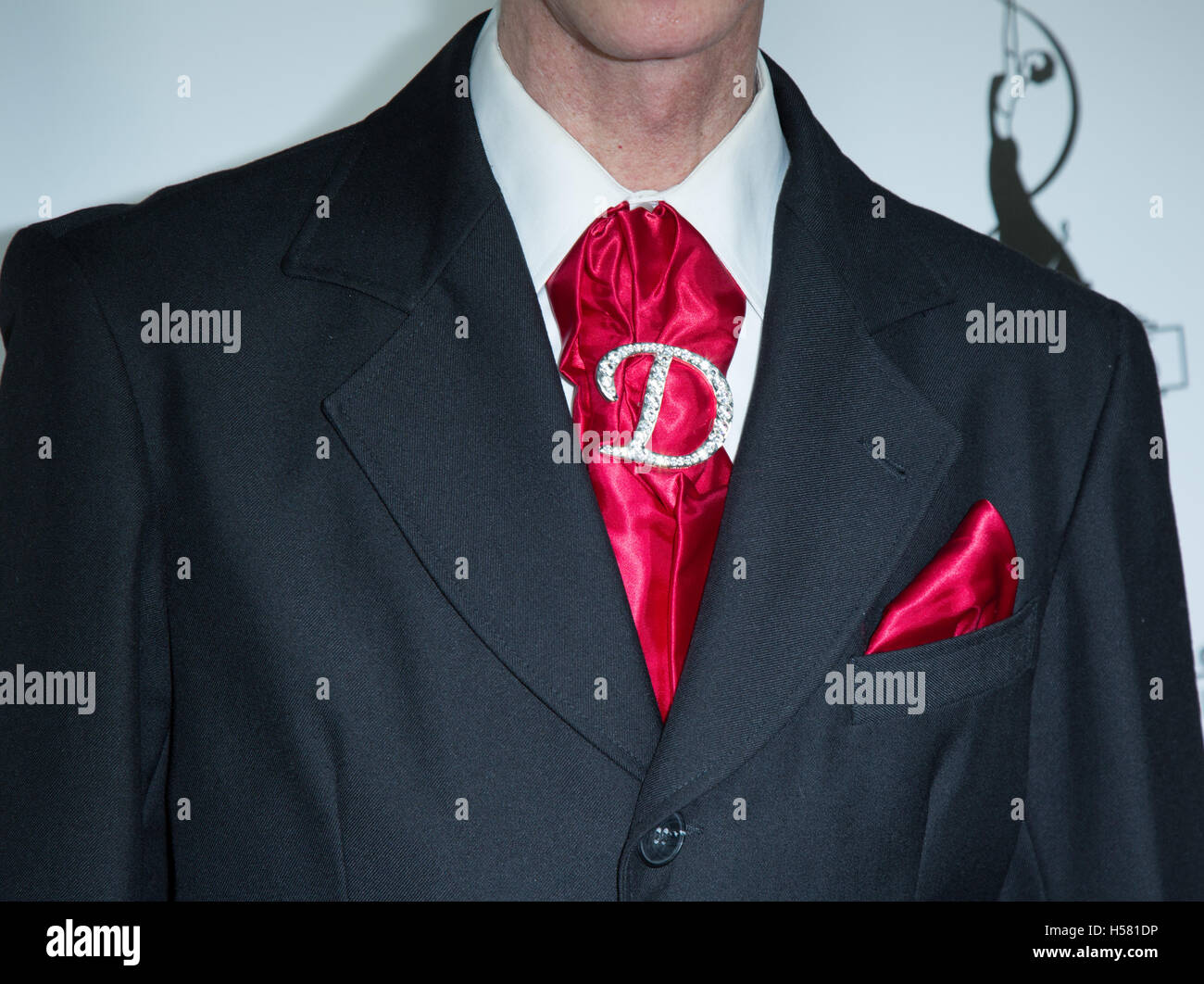 Doug Jones, a suit and tie detail with a Diamond studded letter D, shown at 2016 Make-up artists and Hair Stylists Guild Awards at Paramount Theatre at Paramount Studios on February 20, 2016 in Hollywood, California, USA Stock Photo