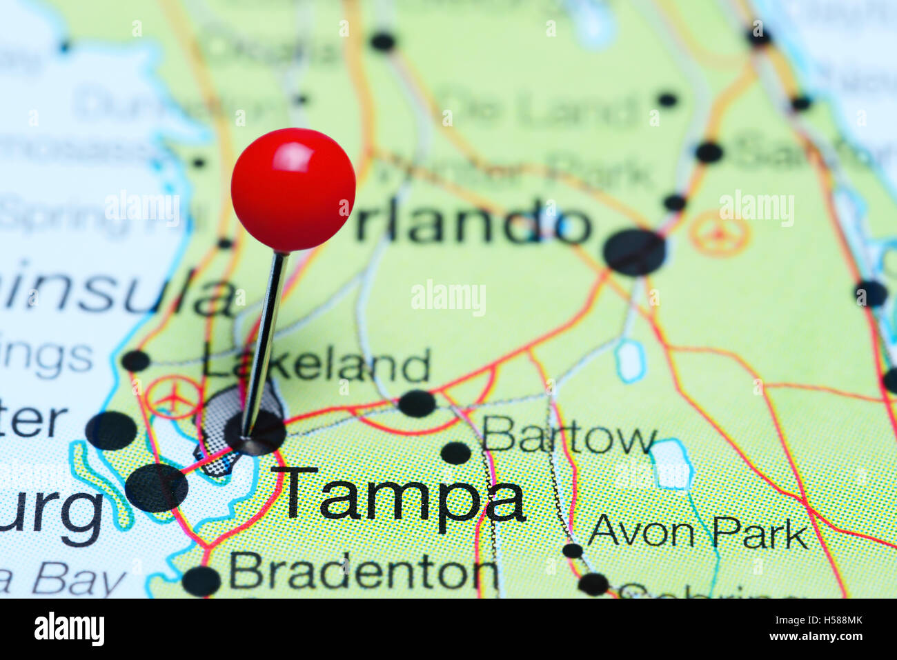 Tampa map hi res stock photography - Tampa Pinned On A Map Of Florida Usa H588MK 