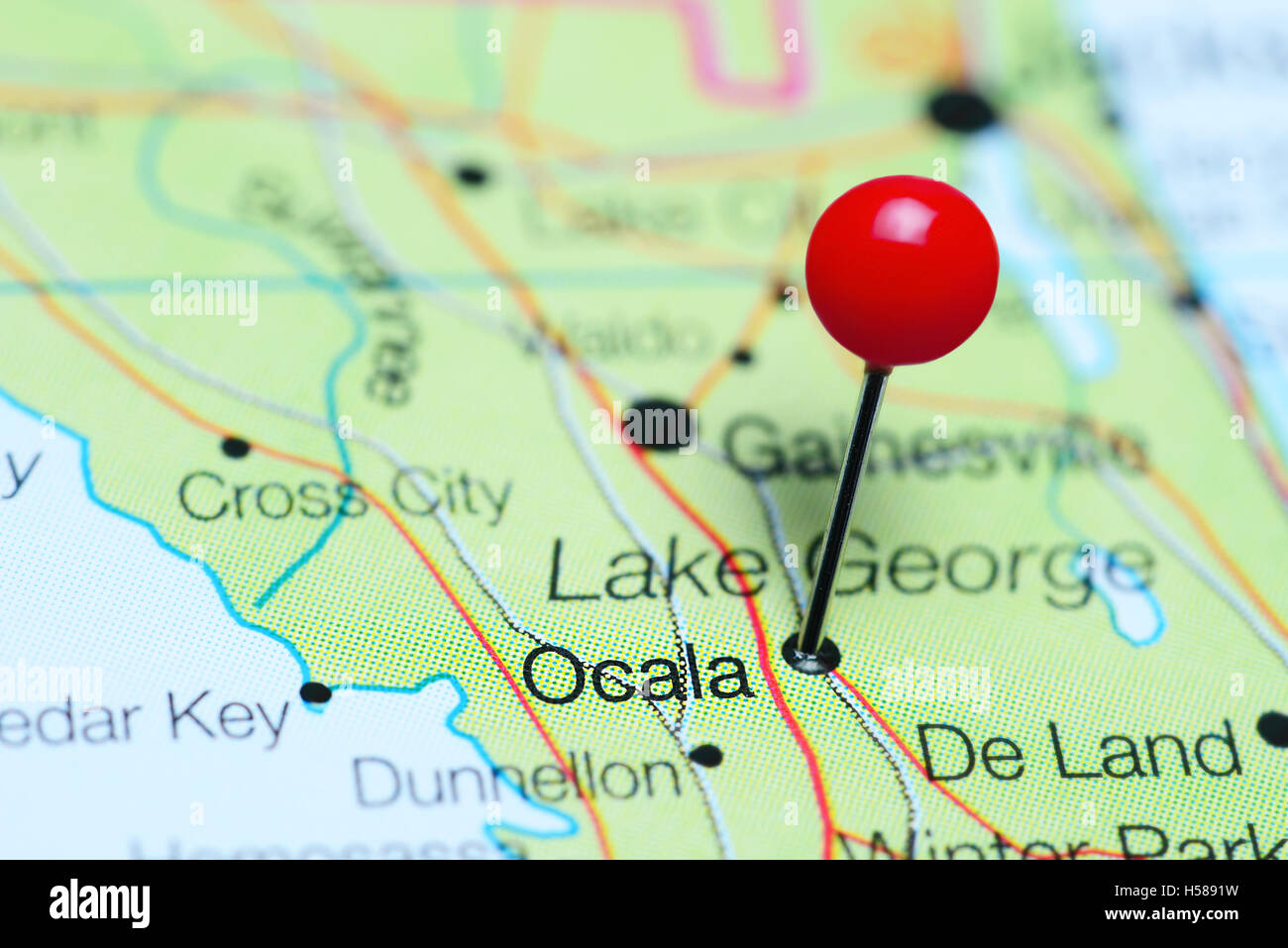 Ocala pinned on a map of Florida, USA Stock Photo