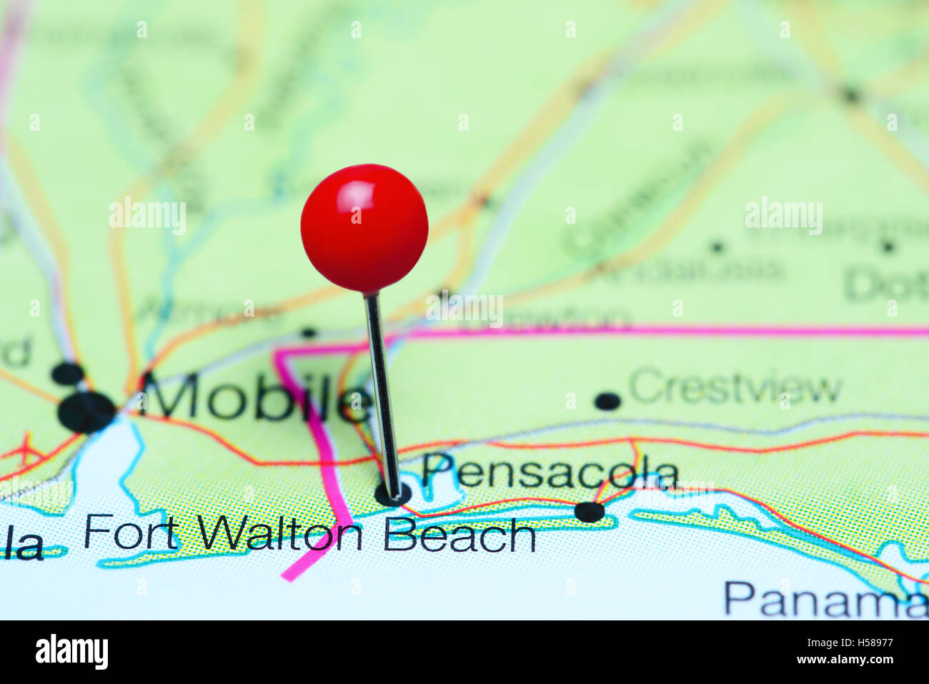 Fort Walton Beach pinned on a map of Florida, USA Stock Photo