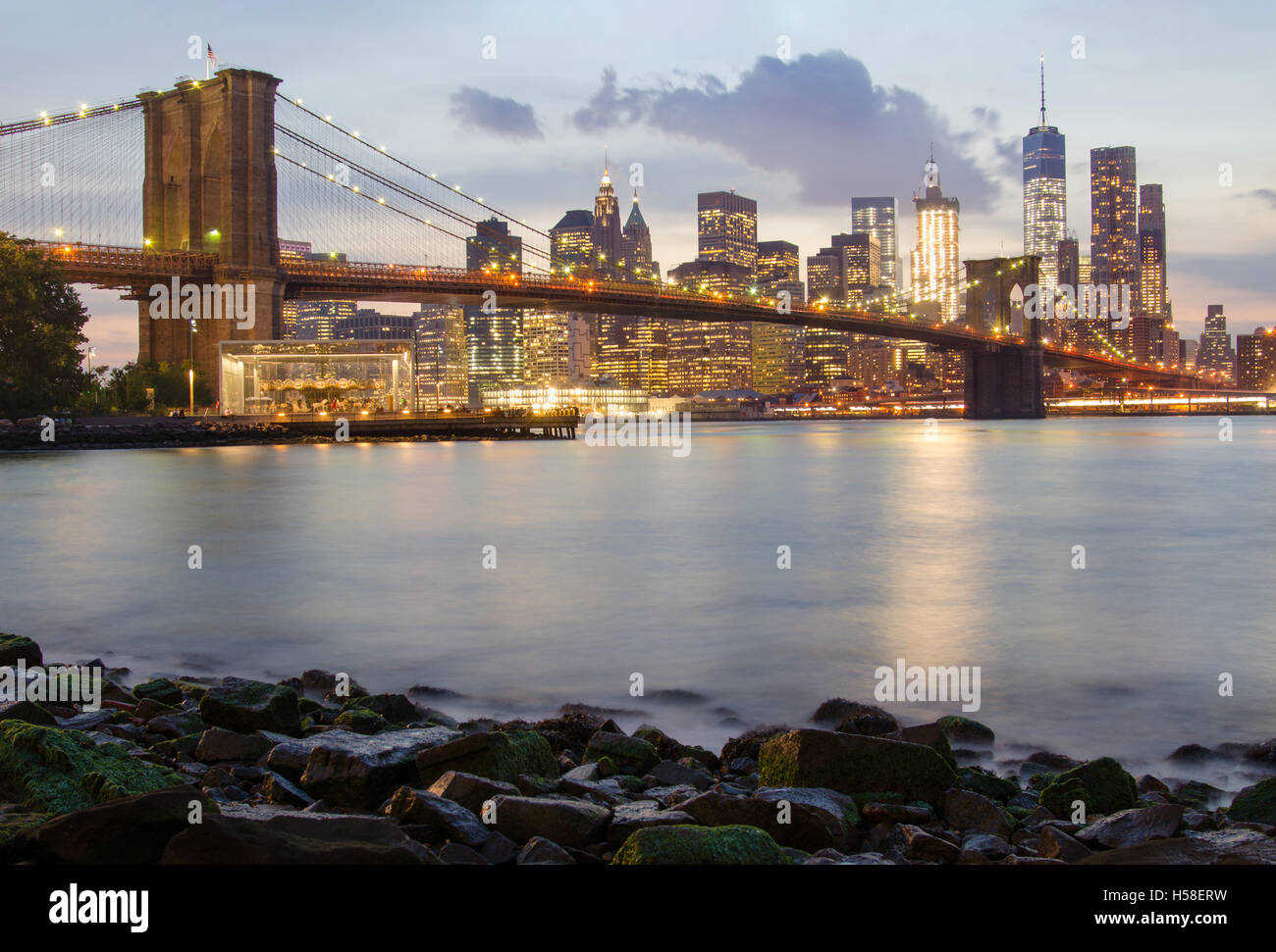 Brooklyn Bridge and the Lower Manhattan at blue hour in New York City Stock Photo