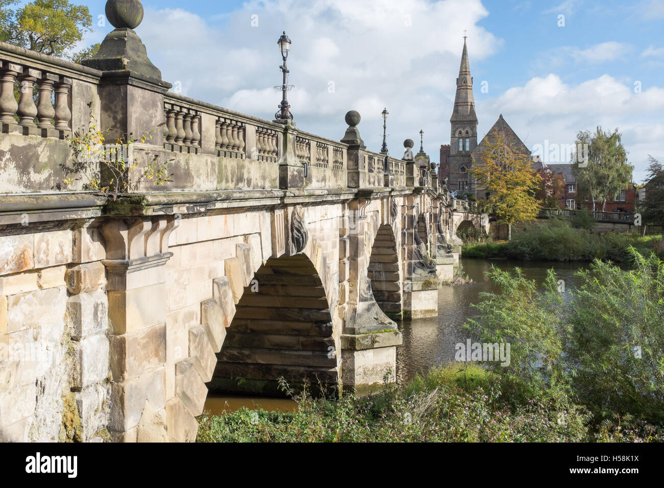 The English Bridge crossing the River Severn in Shrewsbury Stock Photo