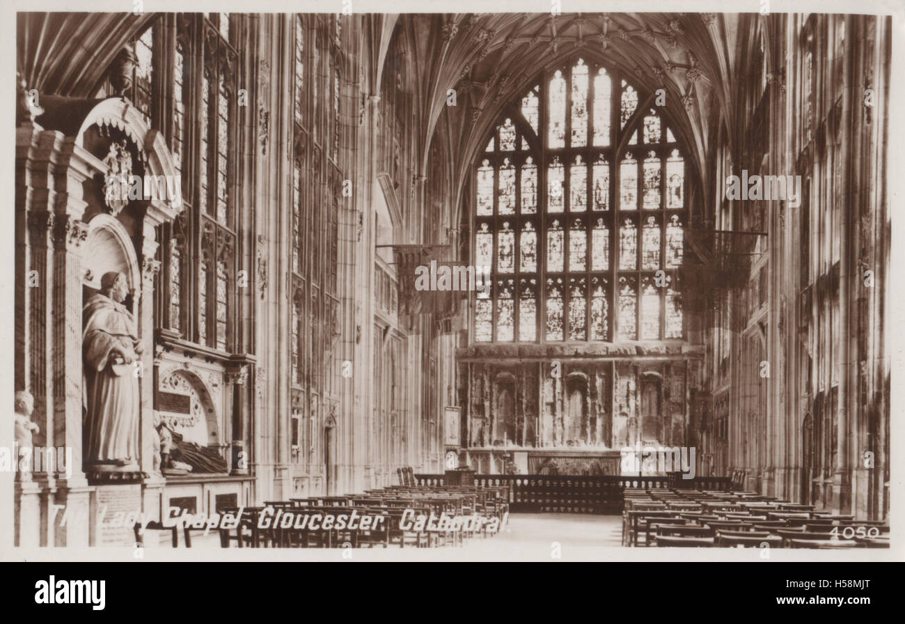 Vintage photo postcard circa 1940s showing the The Lady Chapel Gloucester Cathedral formally the Cathedral Church of St Peter and the Holy and Indivisible Trinity, in Gloucester, England, originated in 678 or 679 Stock Photo