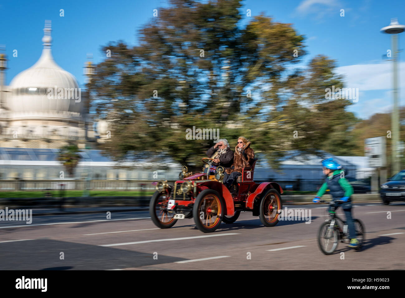 The Veteran Car Rally:  Cars arriving in the city and driving past the Royal Pavilion. Stock Photo