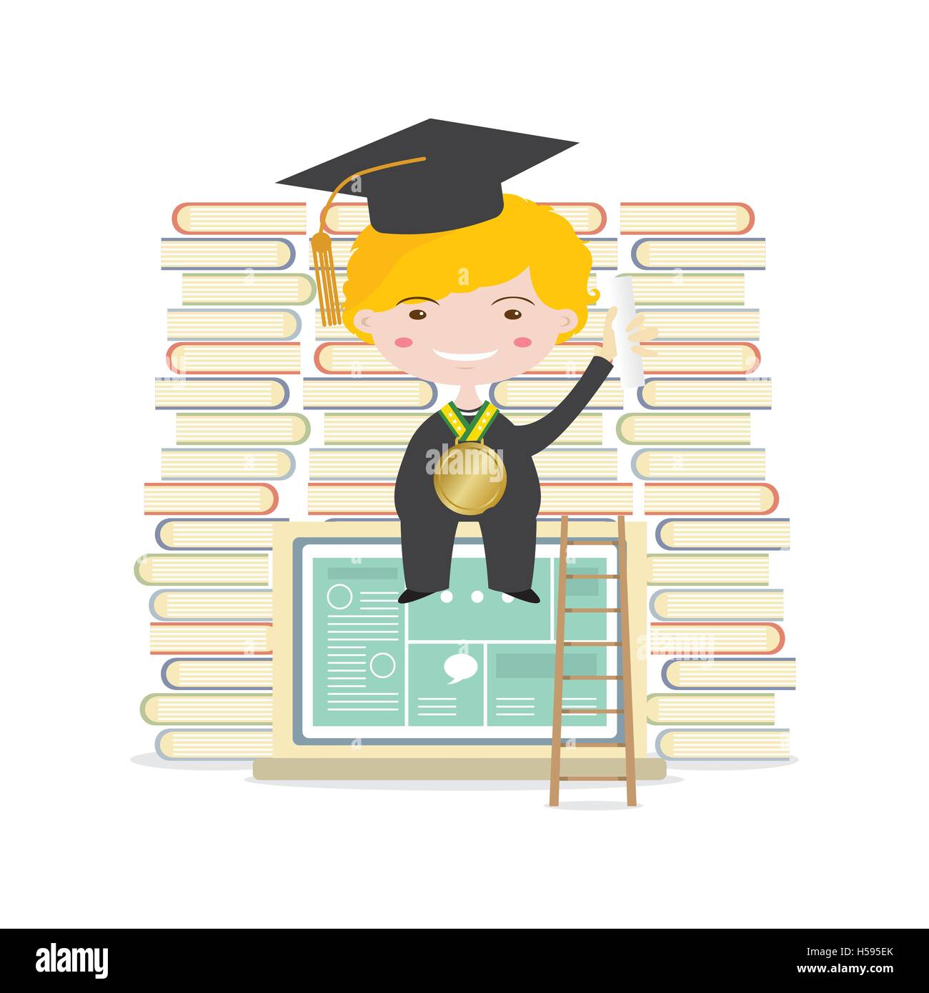 Happy Students Sit On Laptop With Books And Ladder Represent Education Concept Vector Illustration Stock Vector