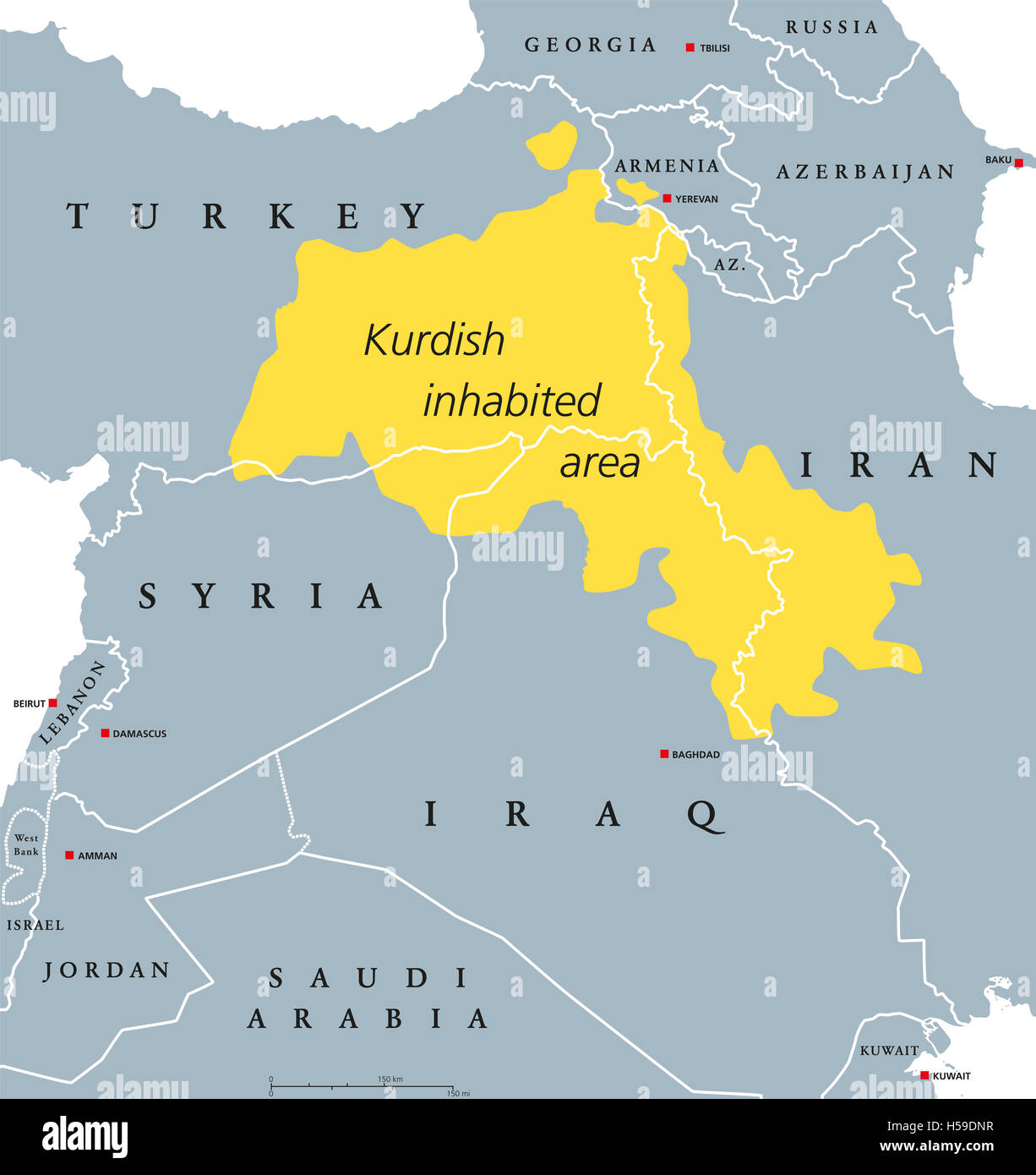 Kurdish-inhabited area political map. Kurdish lands, also Kurdistan. Cultural region wherein Kurdish people form a majority. Stock Photo
