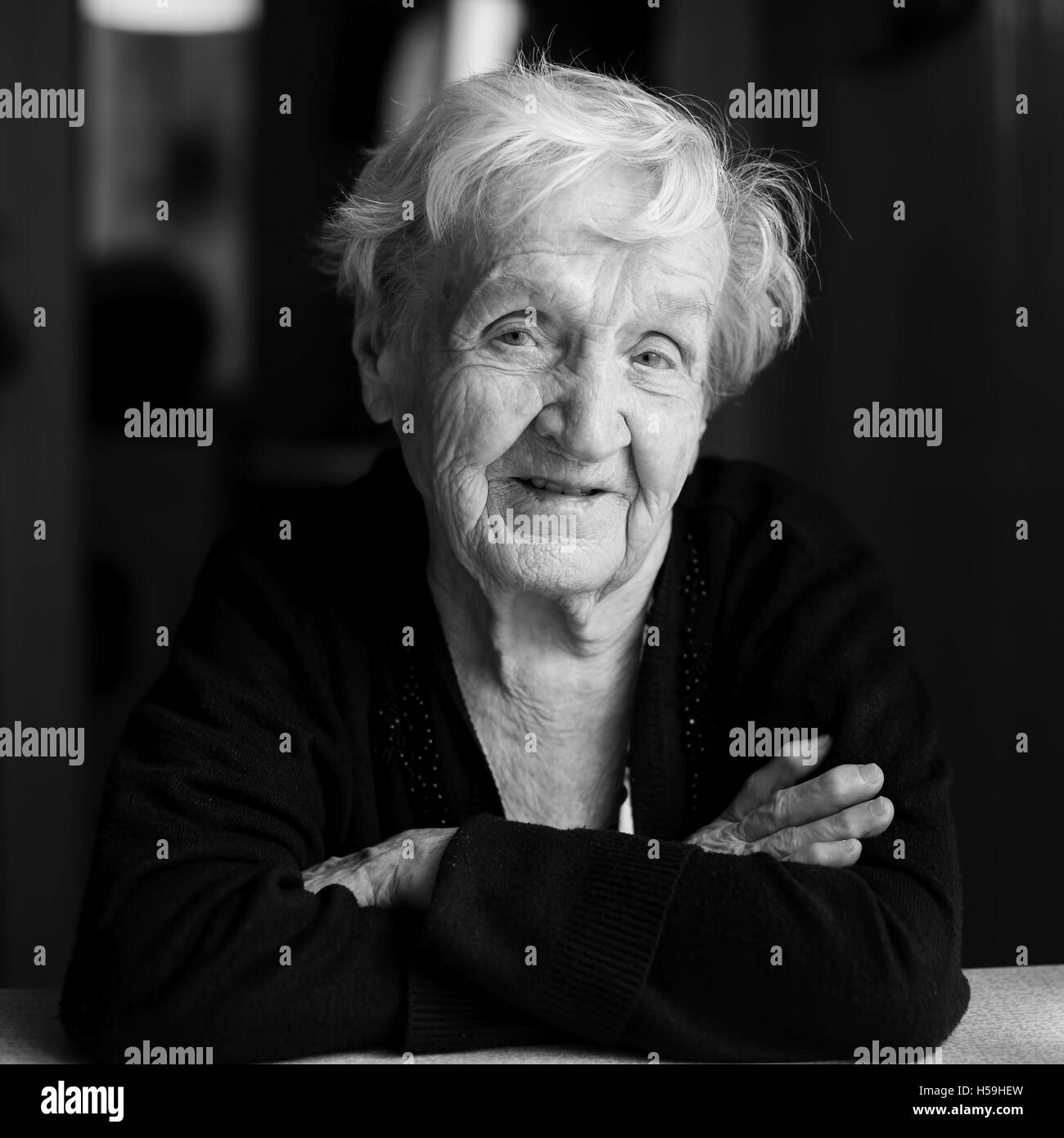 Portrait of an elderly woman. Black-and-white photo. Stock Photo