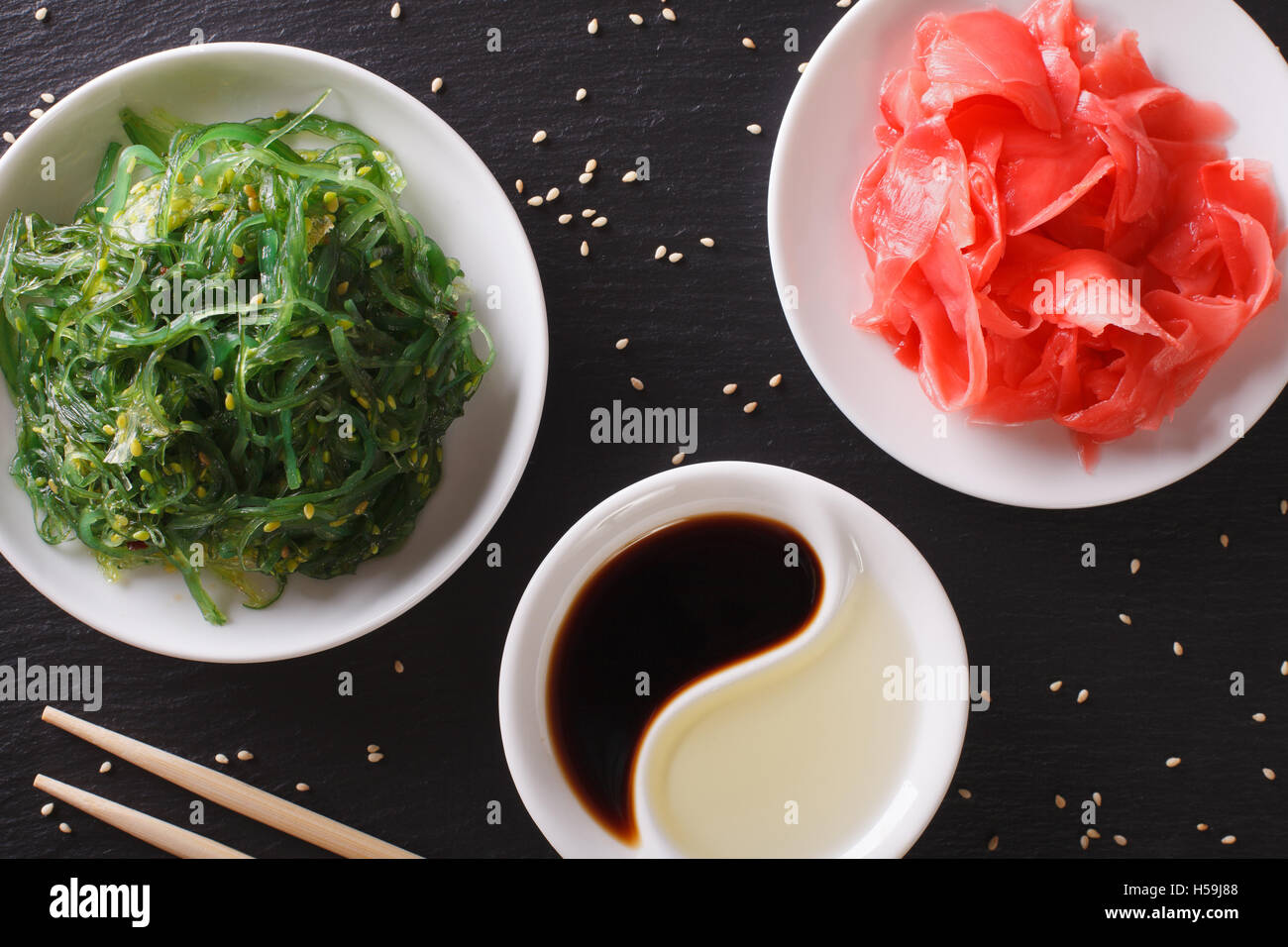Japanese Chuka Salad with wakame and pickled ginger on the table close-up. horizontal top view Stock Photo
