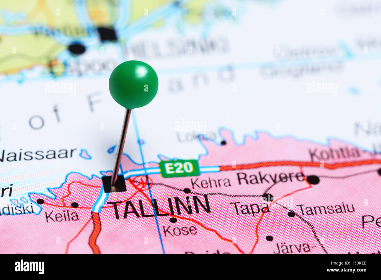 Tallinn pinned on a map of Estonia Stock Photo