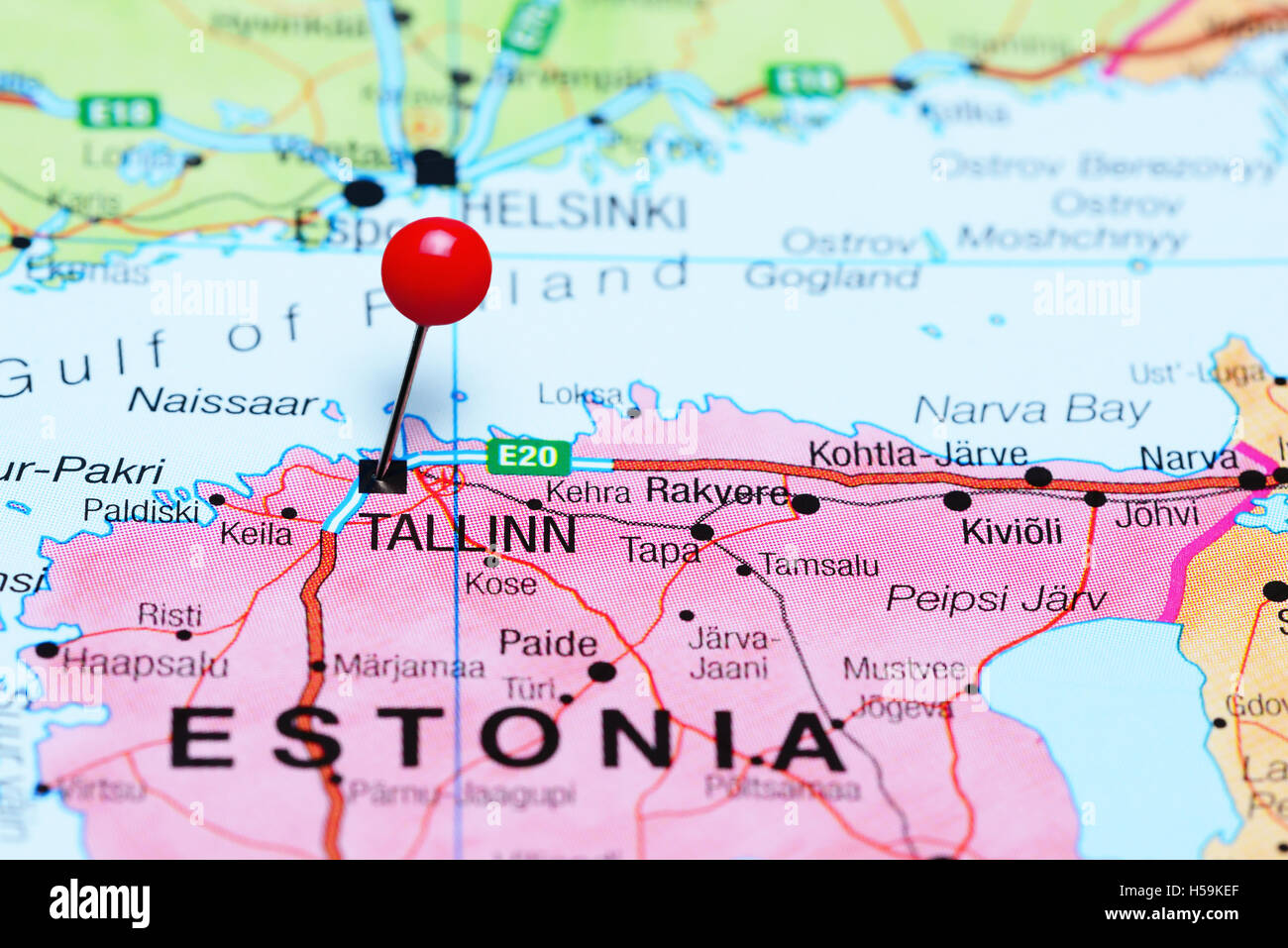 Tallinn pinned on a map of Estonia Stock Photo