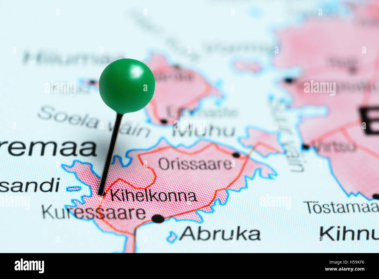 Kihelkonna pinned on a map of Estonia Stock Photo