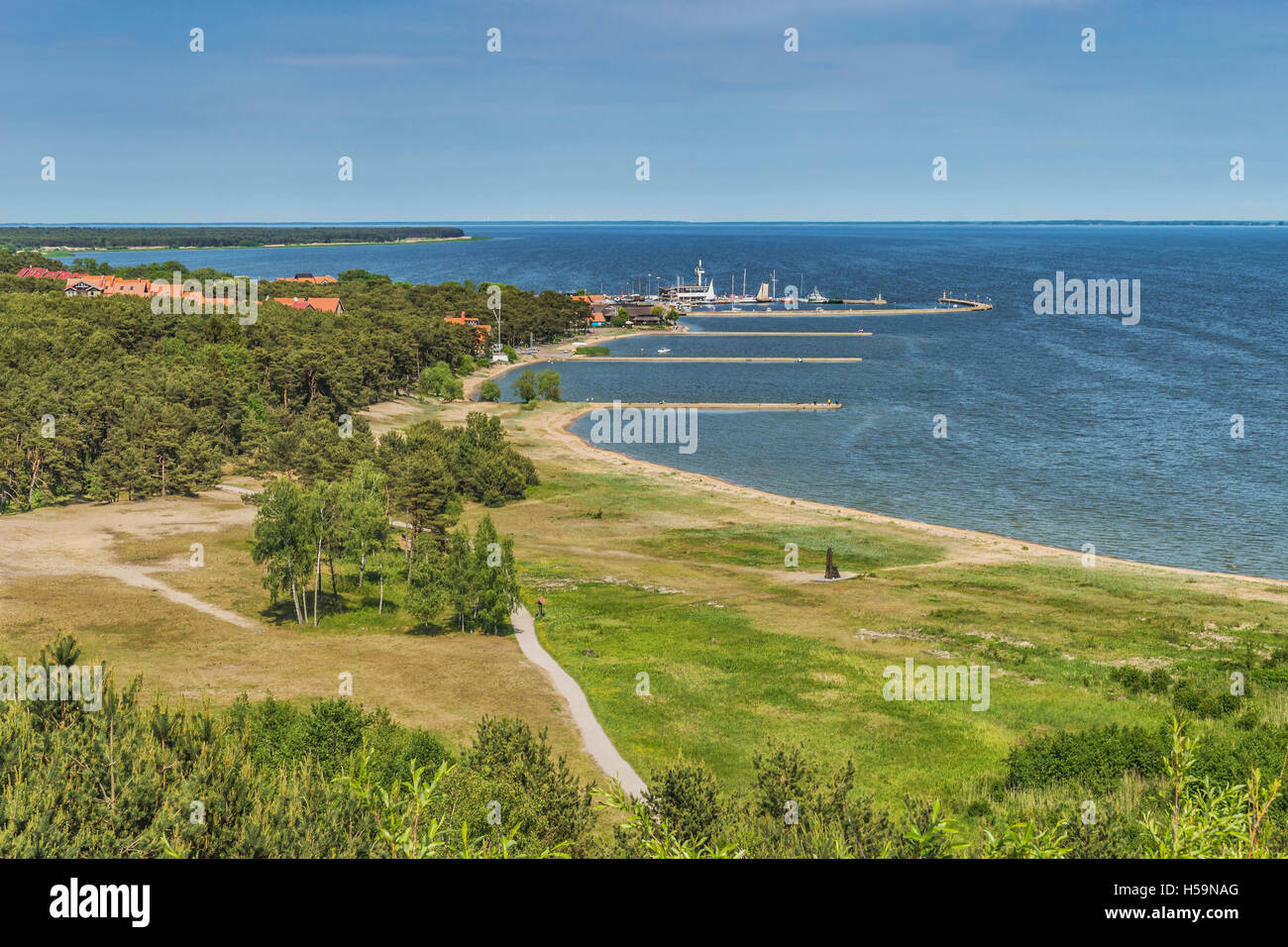 View from the High Dune to the harbor and the village of Nidden, Nida, Neringa, Curonian spit, Lithuania, Baltic States, Europe Stock Photo
