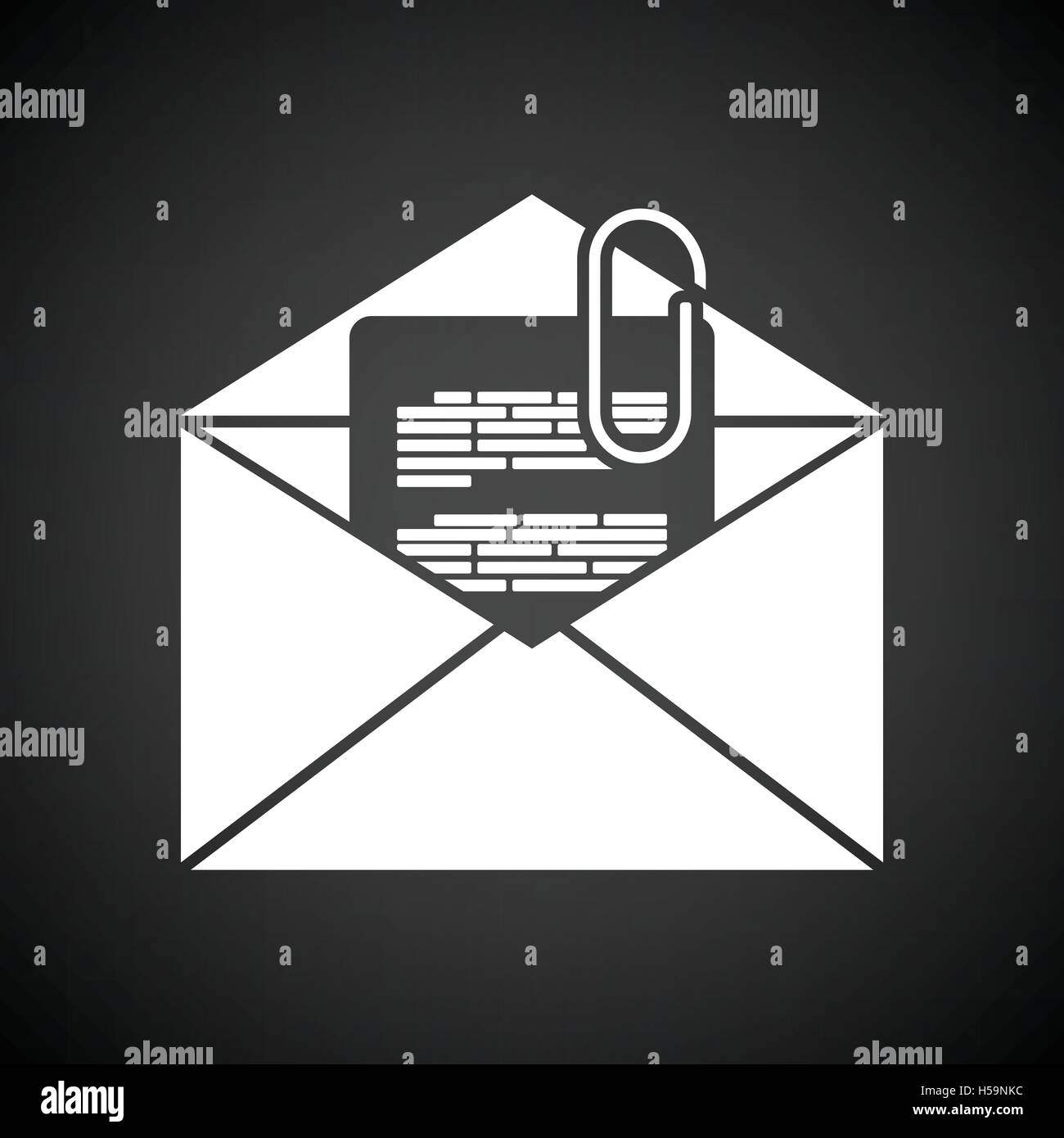 Mail with attachment icon. Black background with white. Vector illustration. Stock Vector