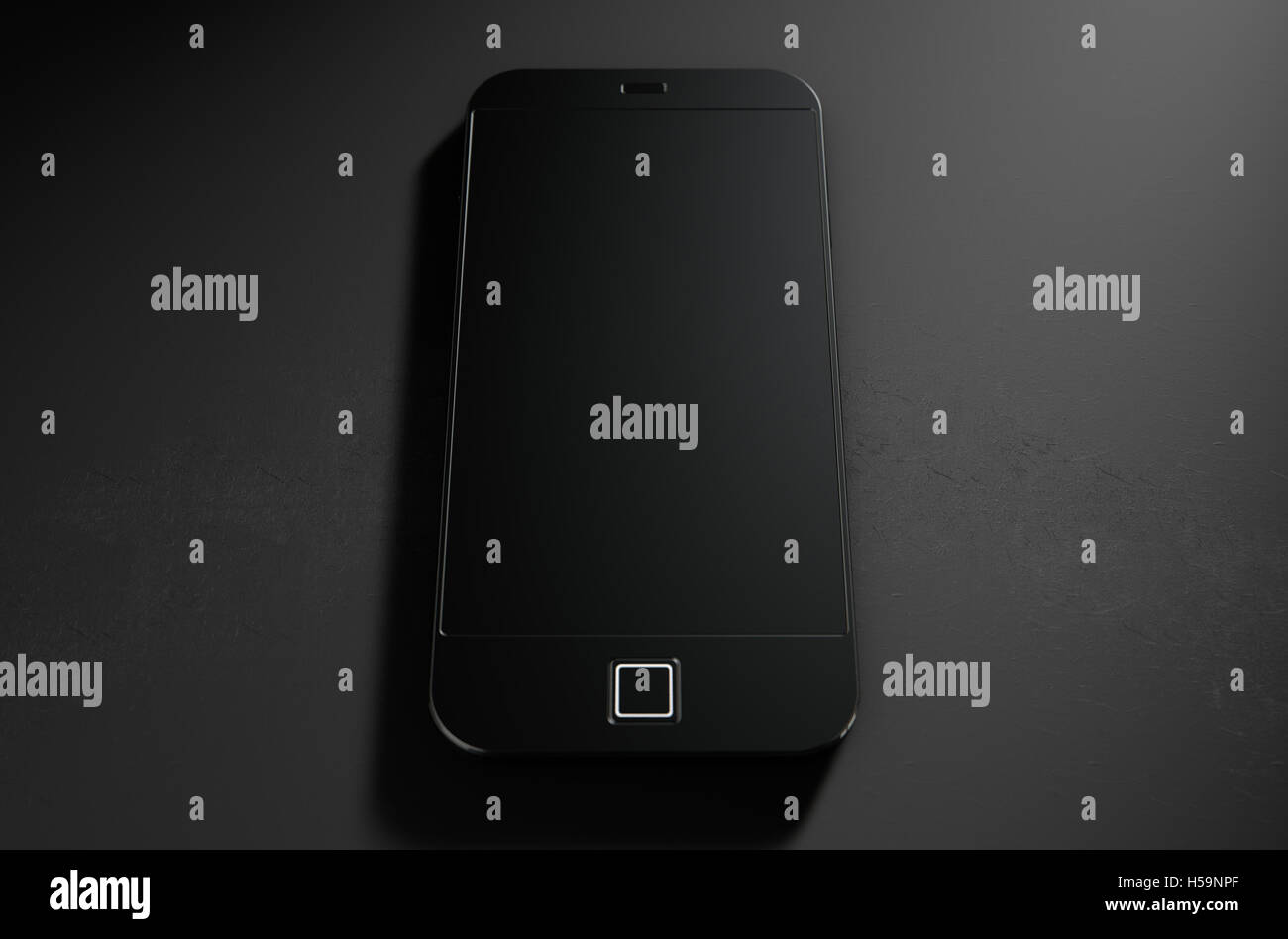 A 3D render of a modern generic smart phone on an isolated dark ...