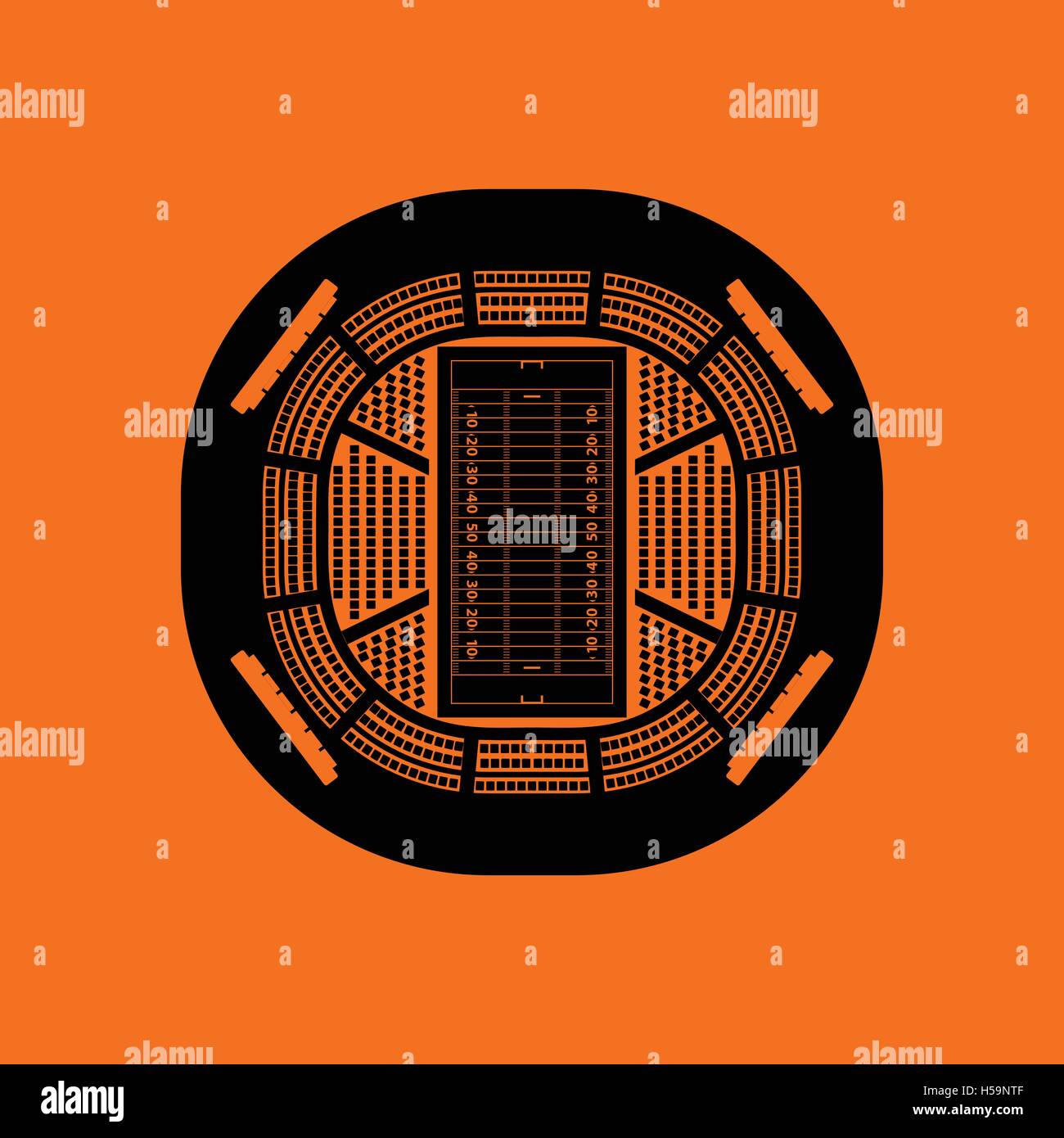 American football stadium bird's-eye view icon. Orange background with black. Vector illustration. Stock Vector
