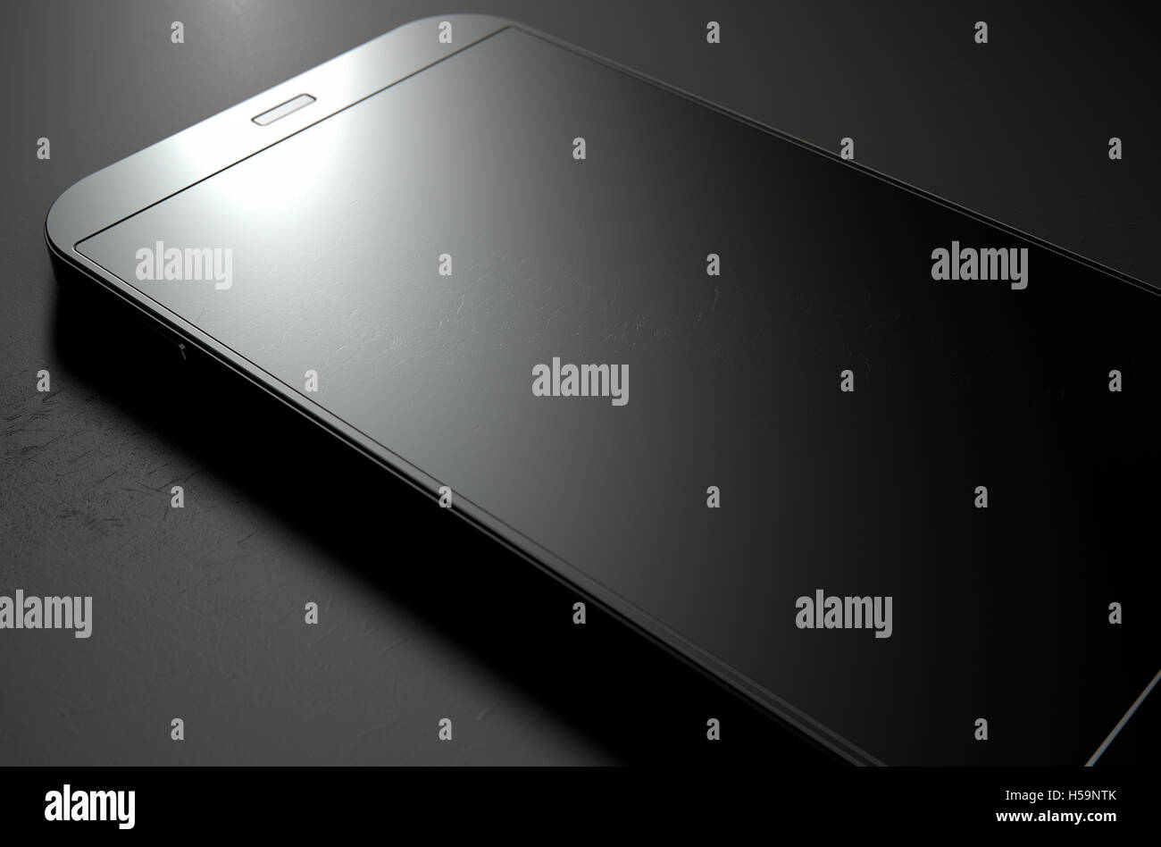 A 3D render of a modern generic smart phone on an isolated dark ...