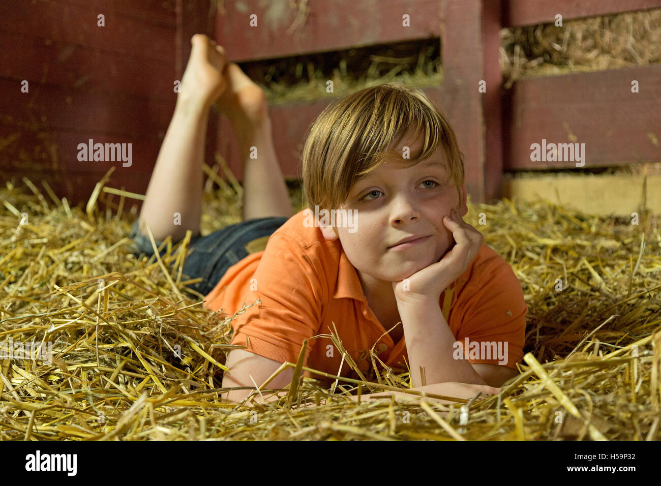 young boy reclining in straw shed, children´s farm Kirchdorf, Hamburg, Germany Stock Photo