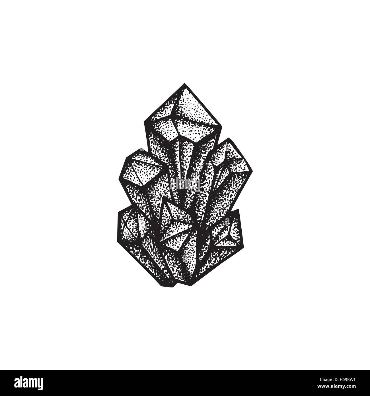 vector black work tattoo dot art hand drawn engraving style crystals cluster illustration isolated white background Stock Vector