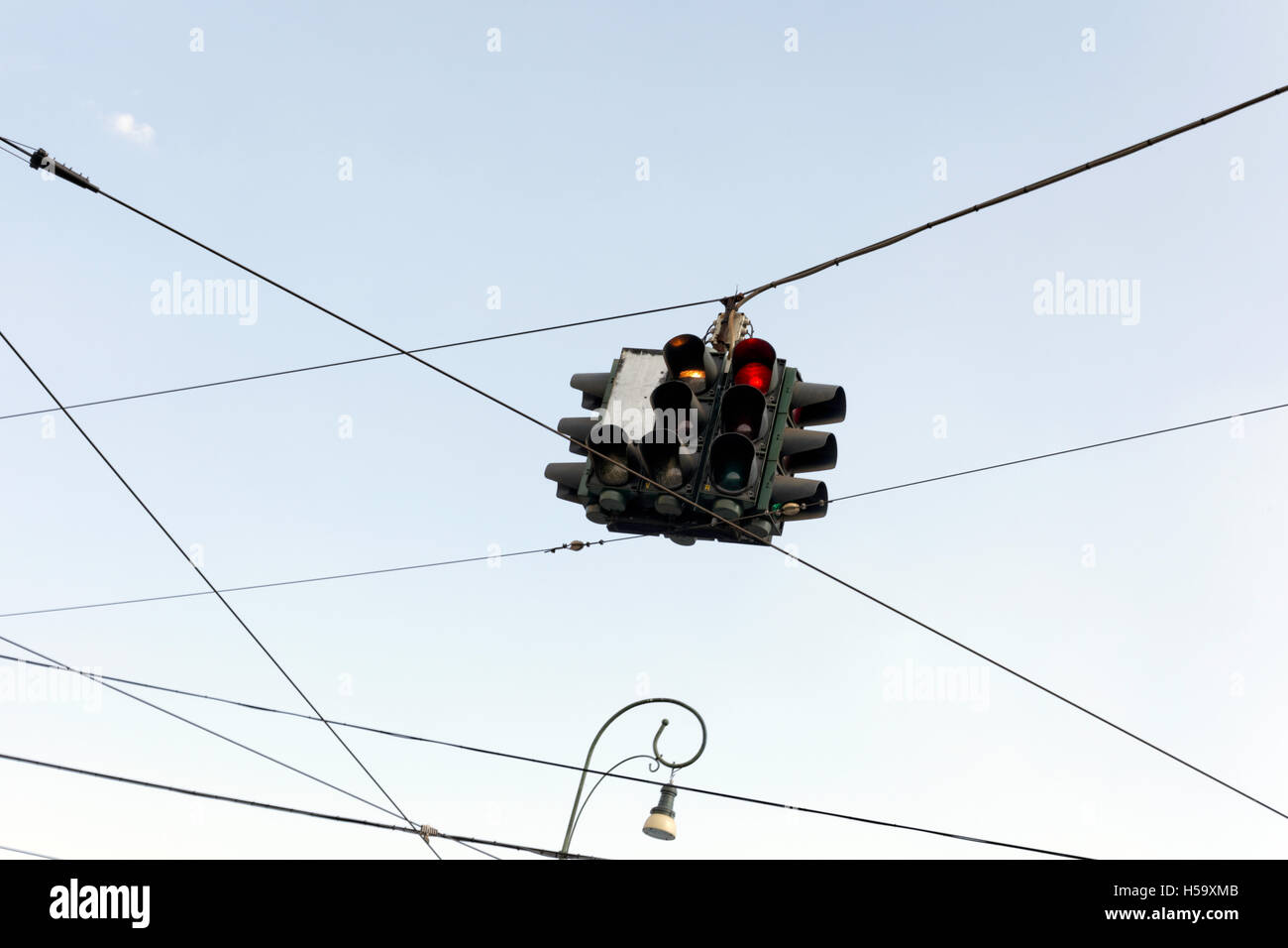 Overhead traffic light and cables,Turin,Italy Stock Photo