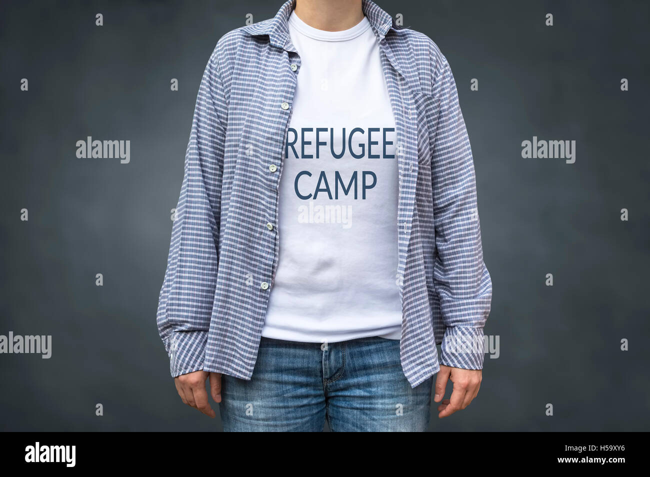 Refugee camp print on t-shirt. Political message. Stock Photo