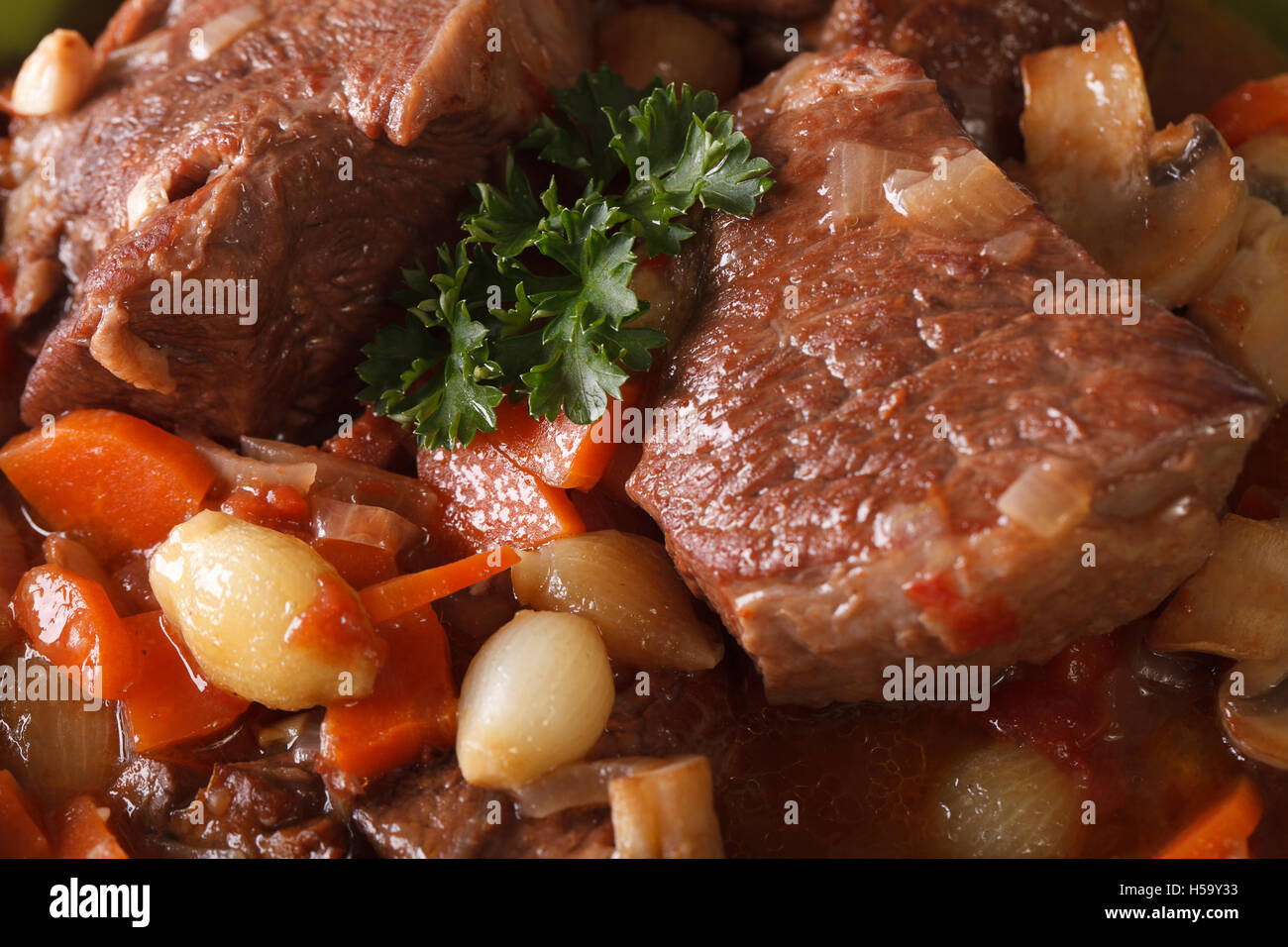 Beef Bourguignon macro background. horizontal view from above Stock Photo