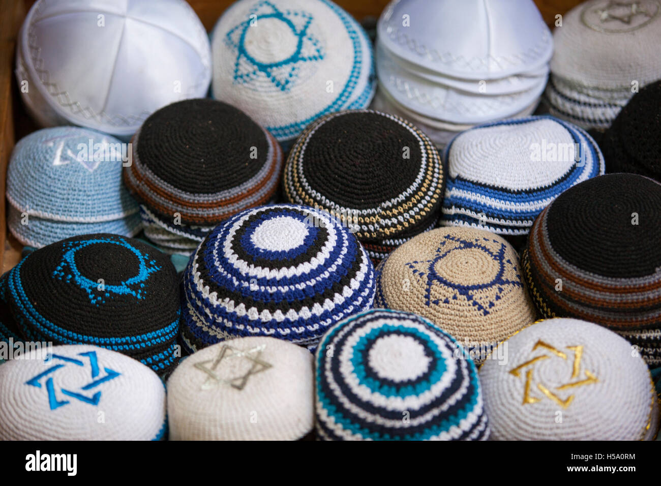 'Kippah's' on sale in a street stand of the Jerusalem Old City, Israel. Stock Photo