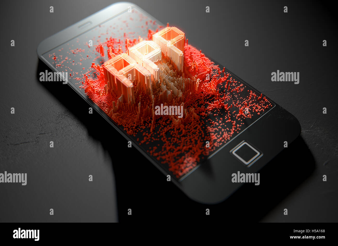 A 3D render of a modern generic smart phone screen emanating small pixels at random Stock Photo