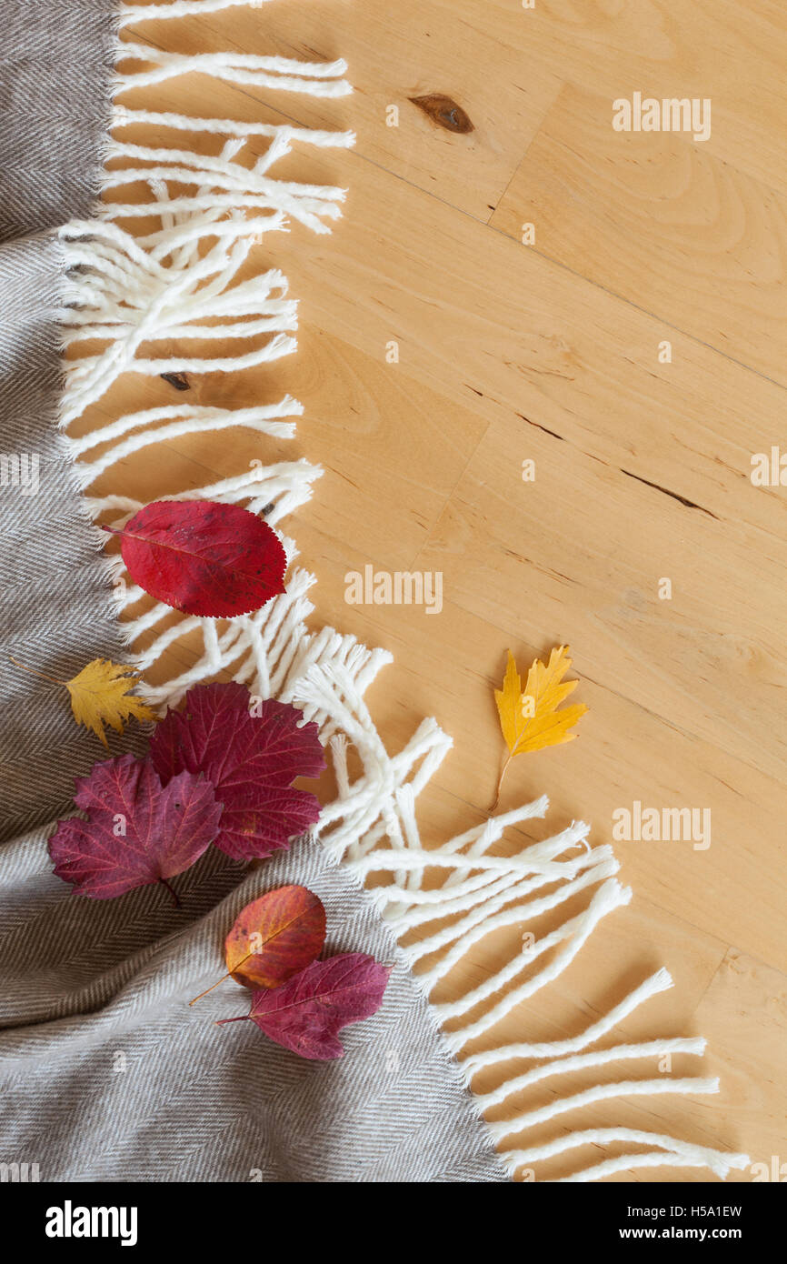 warm wool throw autumn red leaves on wooden background Stock Photo