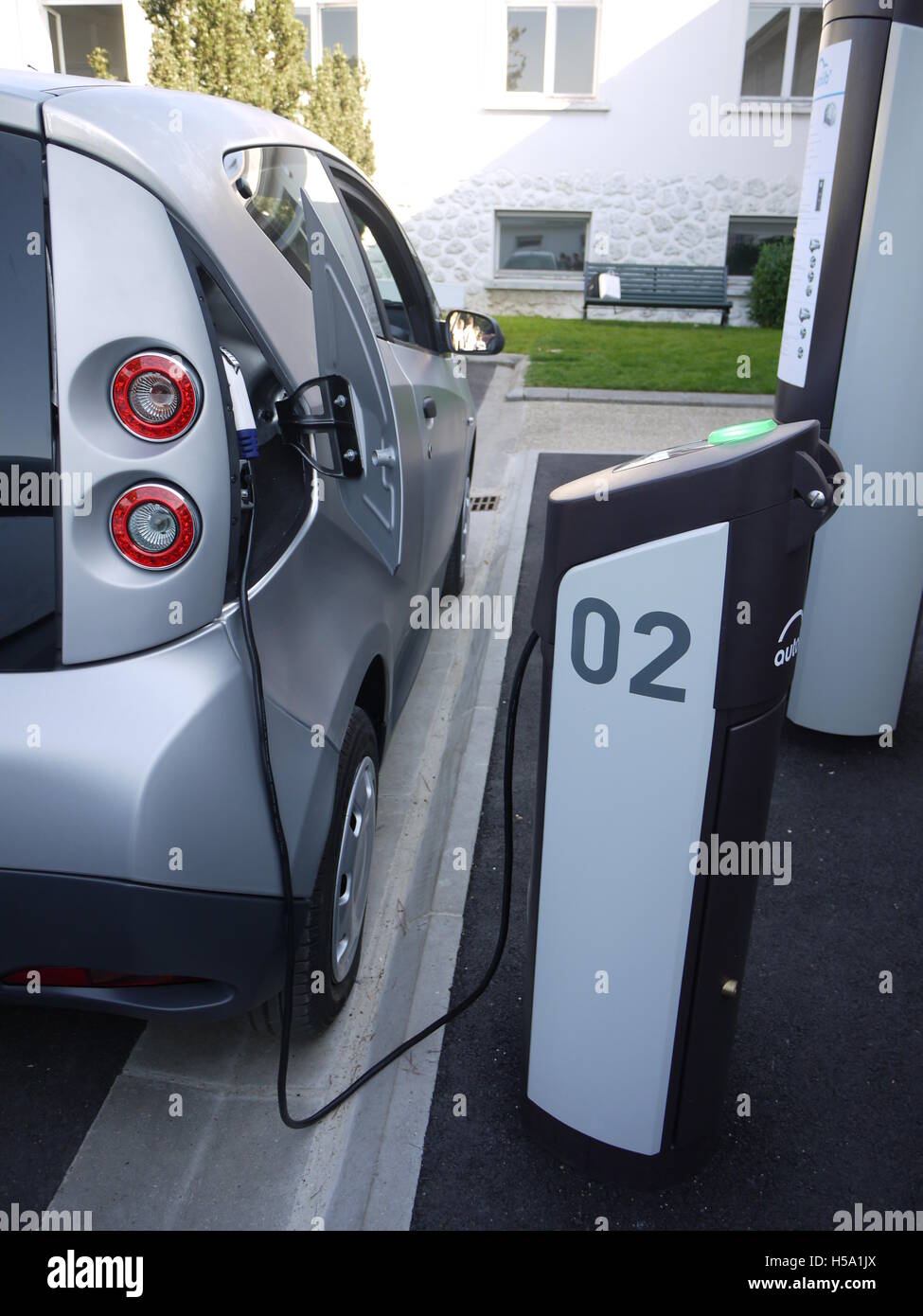 French electric car, from Bollore group, during charge in Paris, part of Autolib system of car