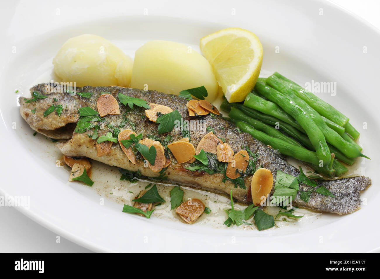 trout meuniere amandine, rainbow trout with brown butter and almonds