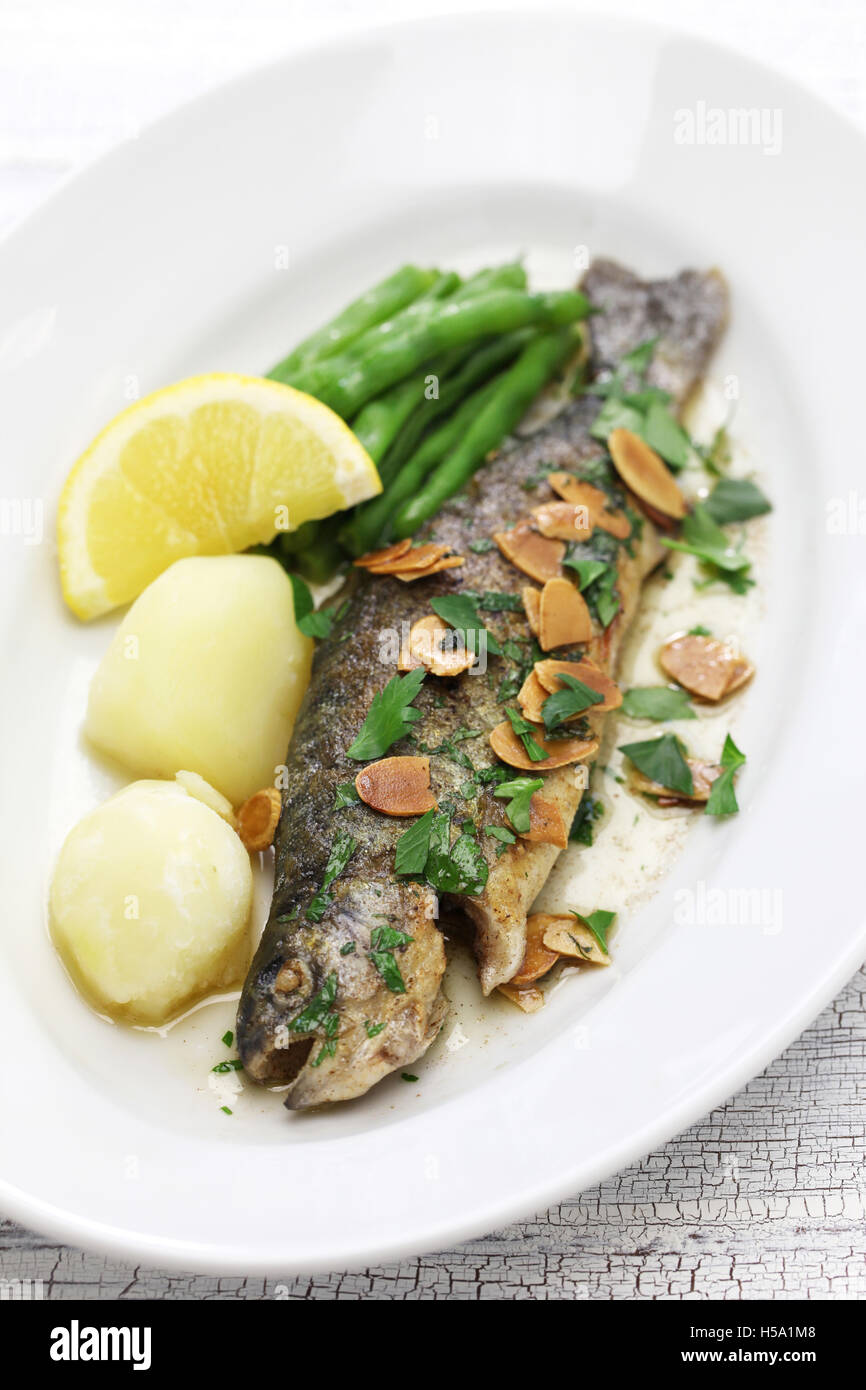 trout meuniere amandine, rainbow trout with brown butter and almonds