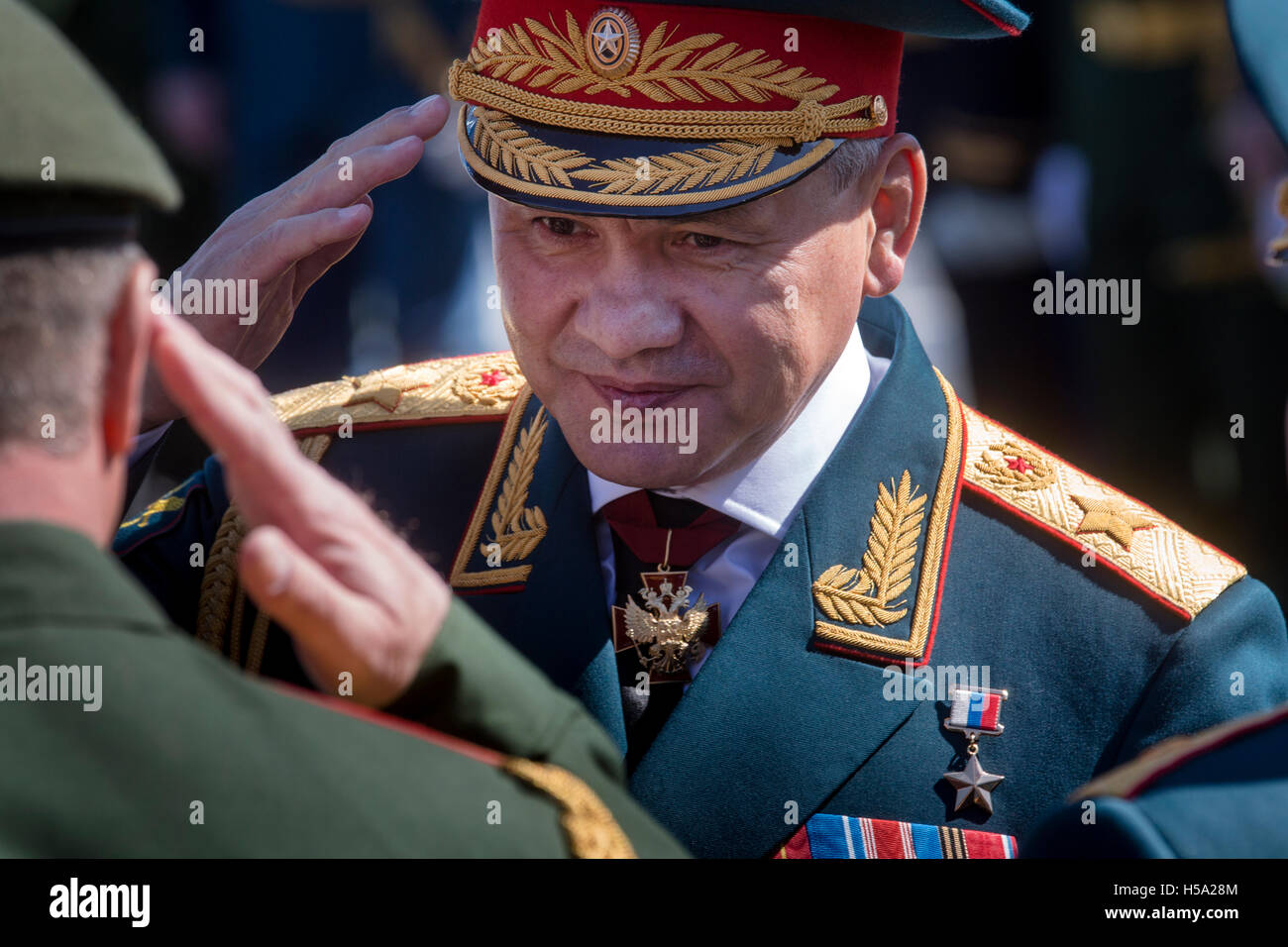 Portrait of Russian Defense Minister, Army General Sergei Shoigu at the military parade on the Red square in Moscow, Russia Stock Photo