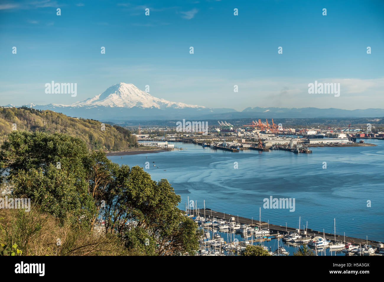 A panoramic view of Mount Rainier, The Port of Tacoma and a marina ...