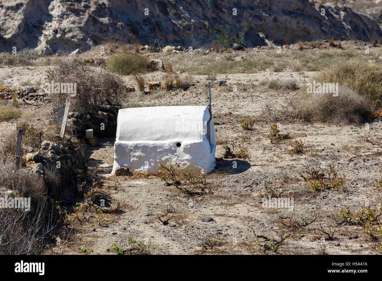 View from the village of Manolas on the island of Thirassia, Santorini: hide for catching migrating birds Stock Photo