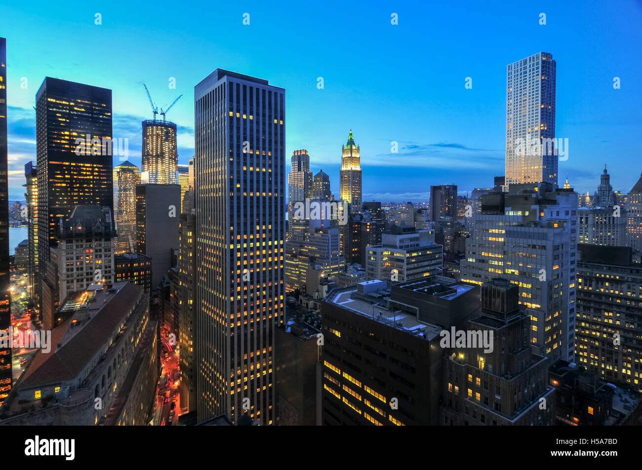 Aerial View of the skyscrapers of downtown Manhattan in New York City ...
