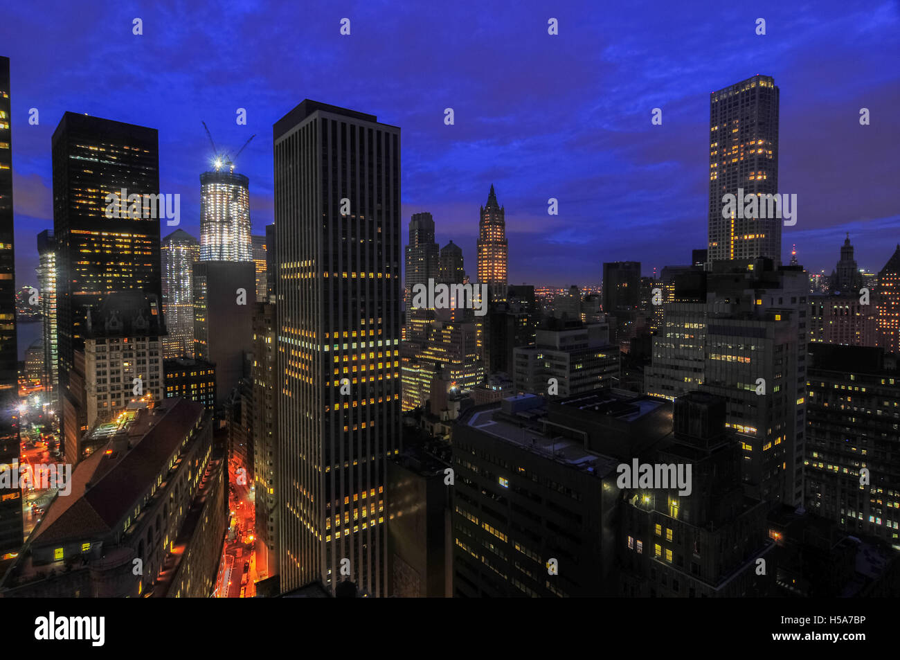 Aerial View of the skyscrapers of downtown Manhattan in New York City ...