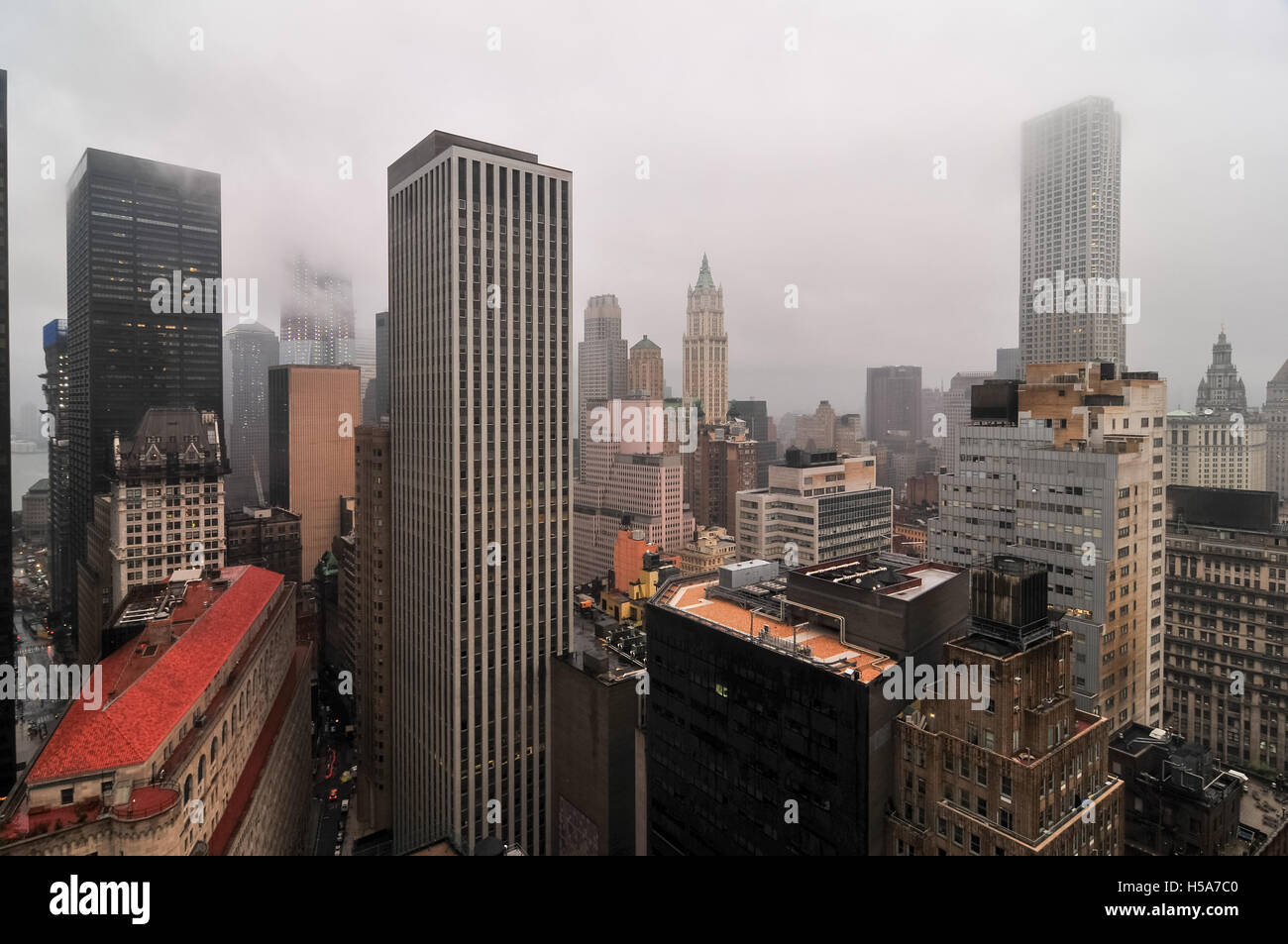 Aerial View of the skyscrapers of downtown Manhattan in New York City ...