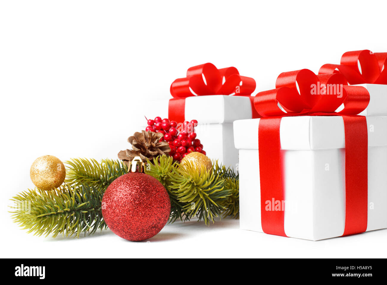 White gift box with red ribbon bow Stock Photo - Alamy
