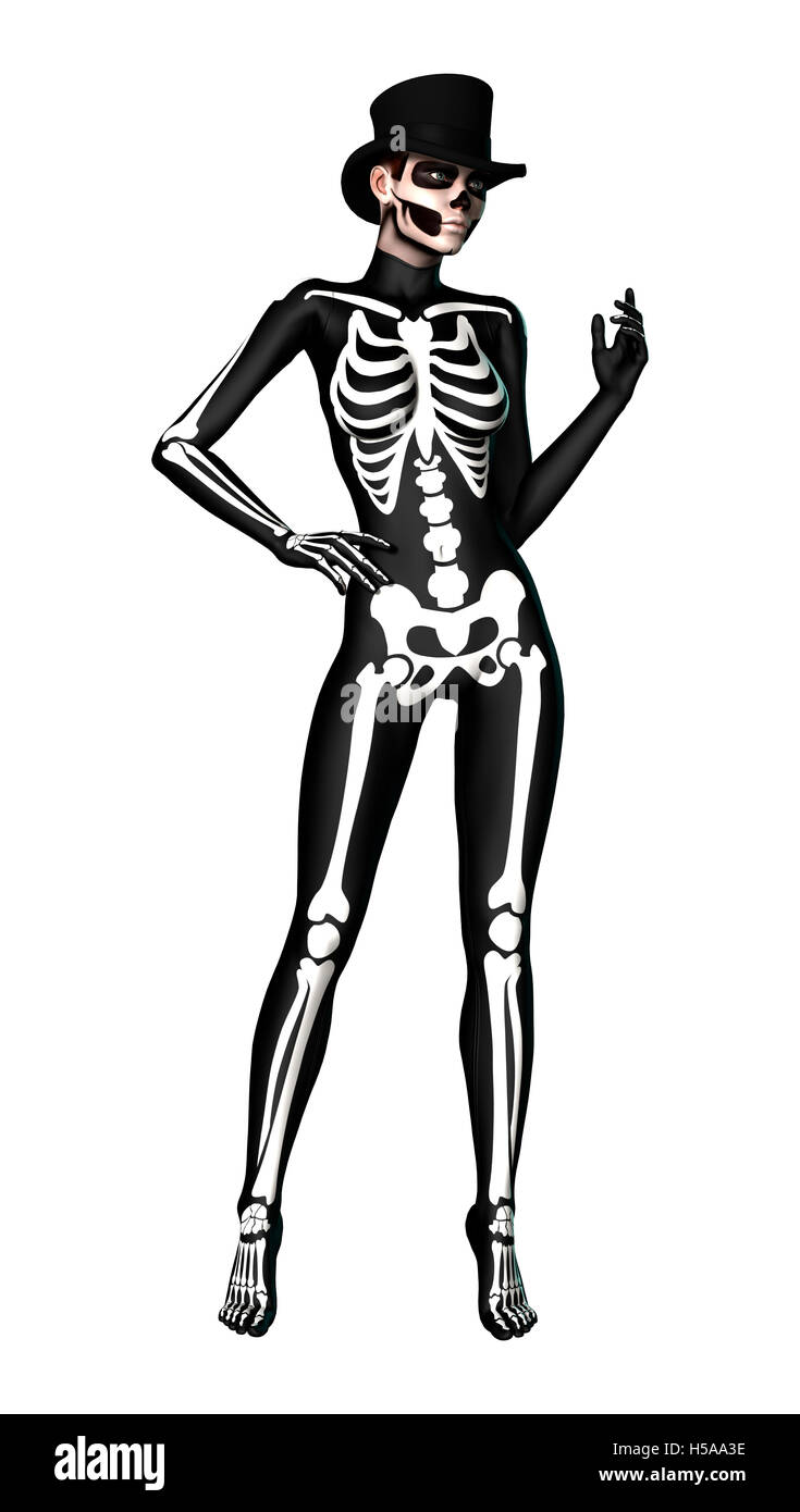 3D digital render of a young woman wearing a skeleton costume for Halloween party isolated on white background Stock Photo