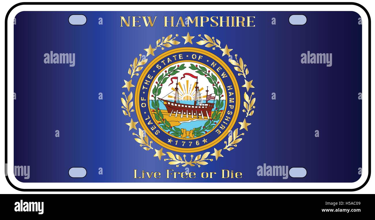 New Hampshire license plate in the colors of the state flag with the flag icons over a white background Stock Vector