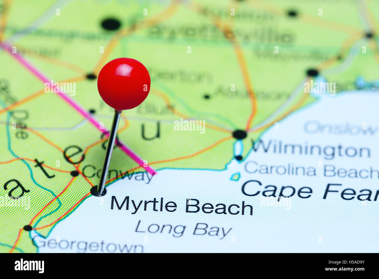 Myrtle Beach Pinned On A Map Of South Carolina Usa H5AD9Y 