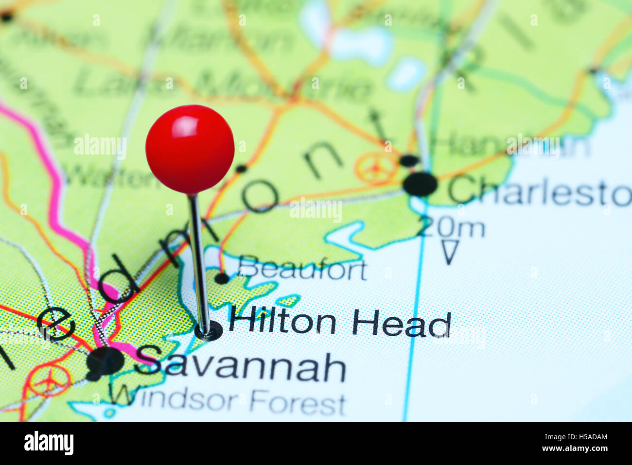 Hilton Head pinned on a map of South Carolina, USA Stock Photo