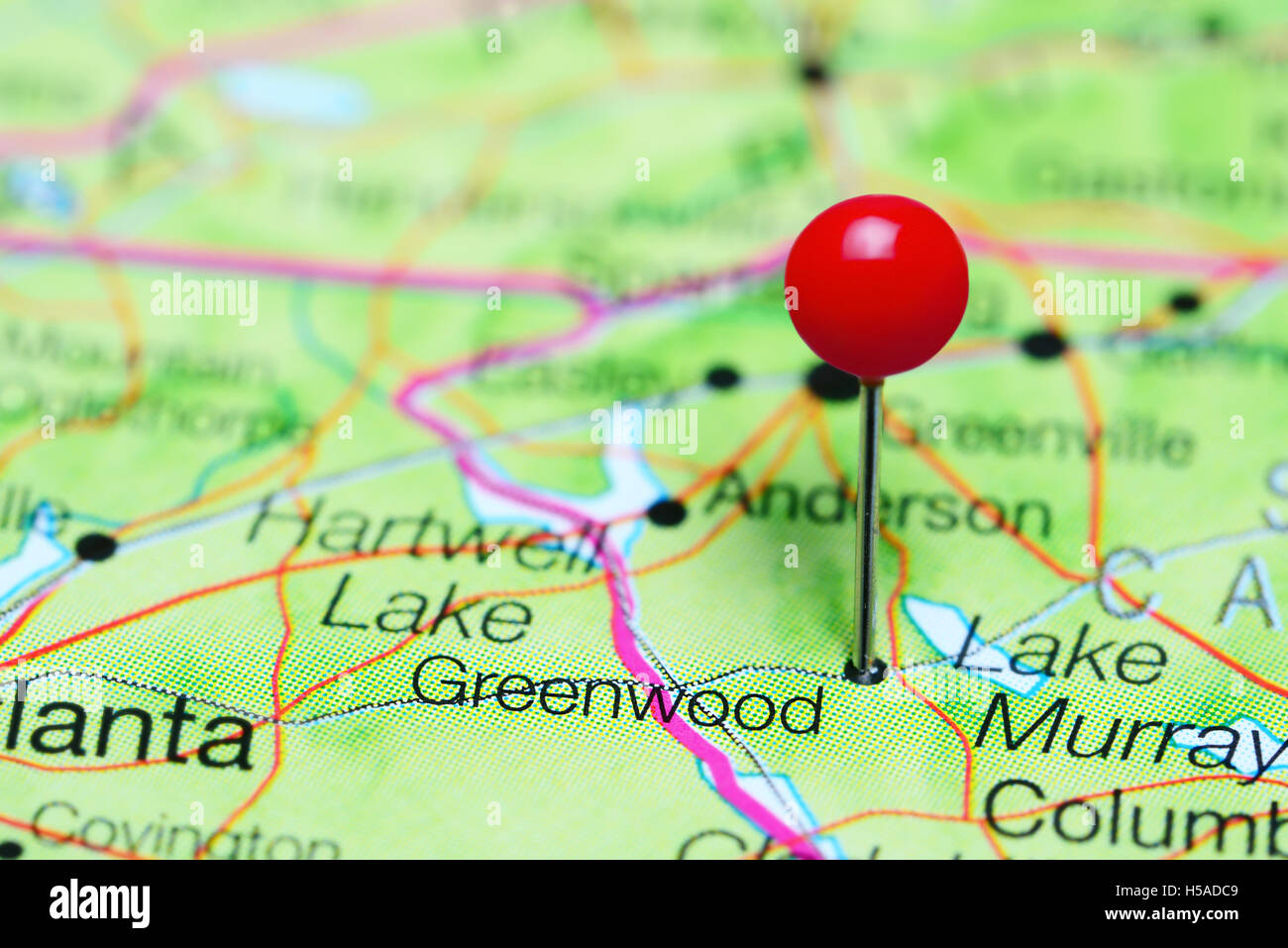 Greenwood pinned on a map of South Carolina, USA Stock Photo