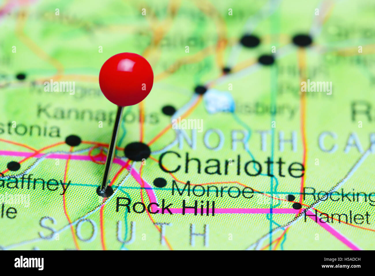 Rock Hill pinned on a map of South Carolina, USA Stock Photo
